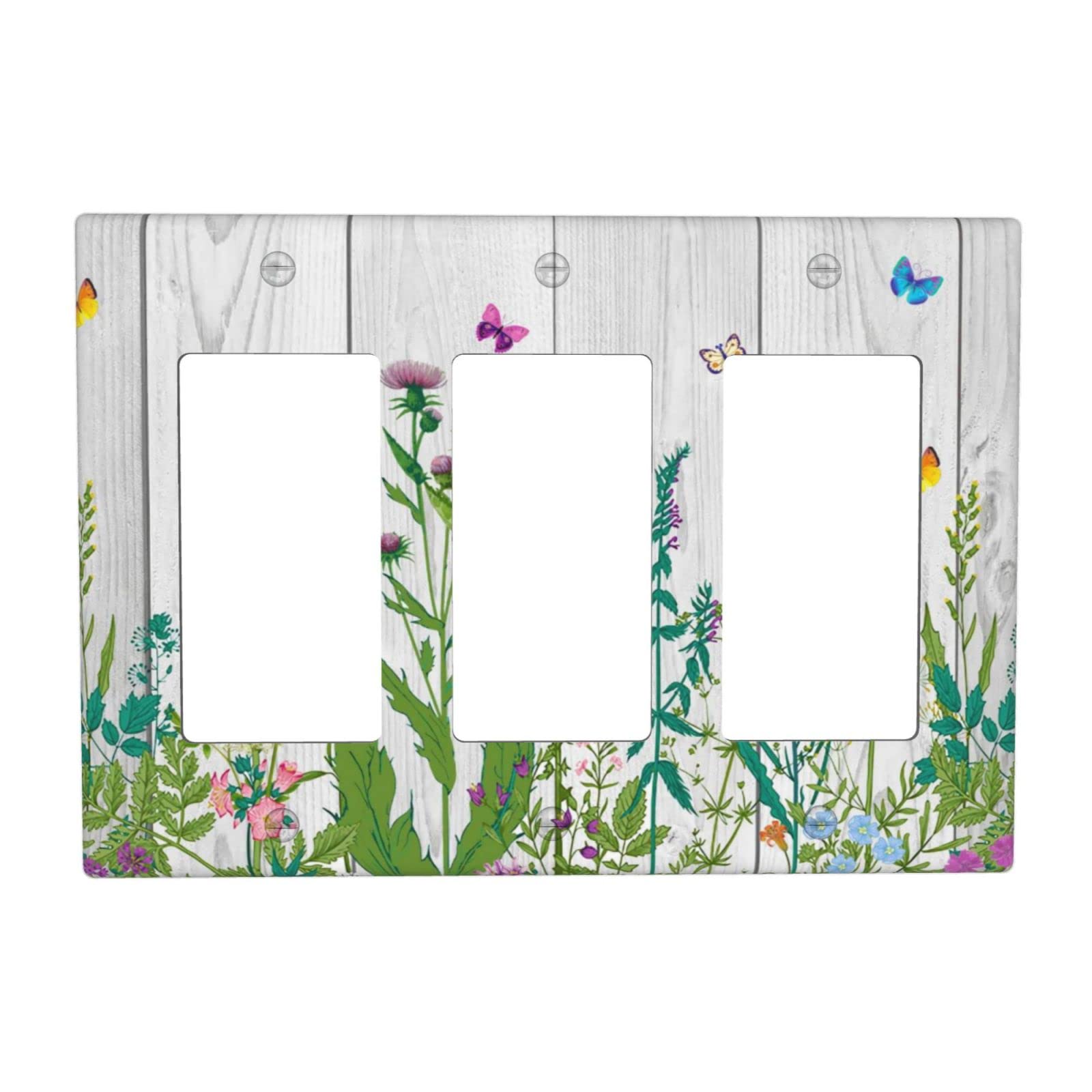 Rustic Floral Wildflower Light Switch Cover - Triple Rocker Butterfly Decorative Wall Plate - Farmhouse Kitchen Bedroom Office Decor - 6.4 x 4.5 x 0.2 Inch - Perfect for Home Renovation & Interior Design Projects