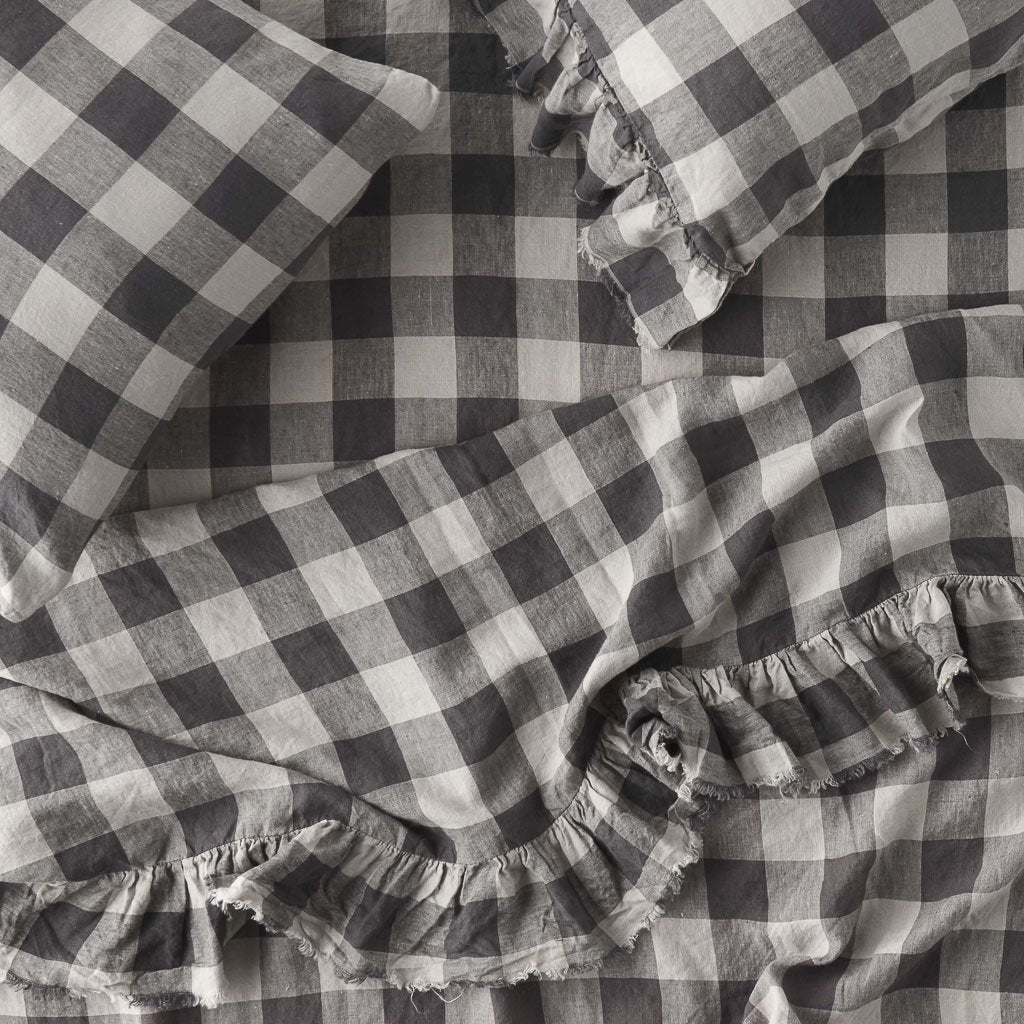 100% Linen Ruffle Flat Sheet - Natural Licorice Check Pattern - Soft Breathable Bedding for Summer & Guest Rooms