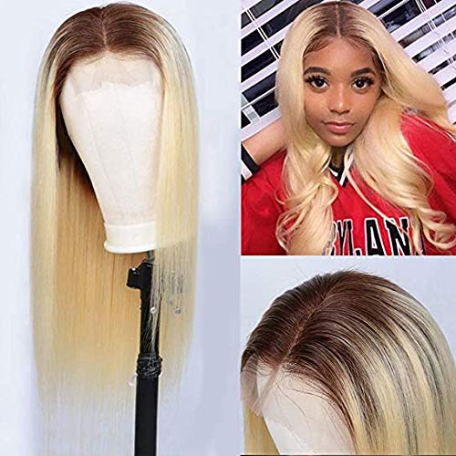 Smartinnov #4/613 Blonde to Dark Roots Ombre Human Hair Lace Front Wig - 12 Inch Straight Brazilian Virgin Hair with 4x4 Lace Closure, Pre-Plucked Hairline & 150% Density for Women | Perfect for Daily Wear, Cosplay & Special Occasions