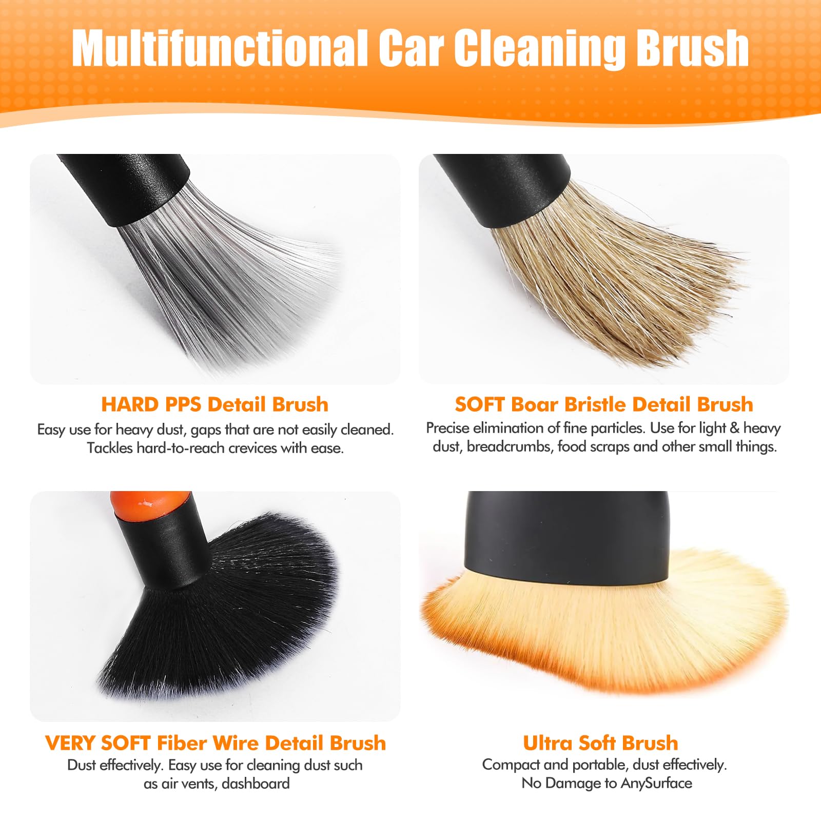 4Pcs Premium Car Detailing Brush Set - Soft Boar Hair & Wire Brushes for Car Interior Cleaning, Air Vents, Dashboard, Leather Seats & Electronics | Scratch-Free Car Detailing Tools Kit for Professional Auto Detailing & Home Car Care