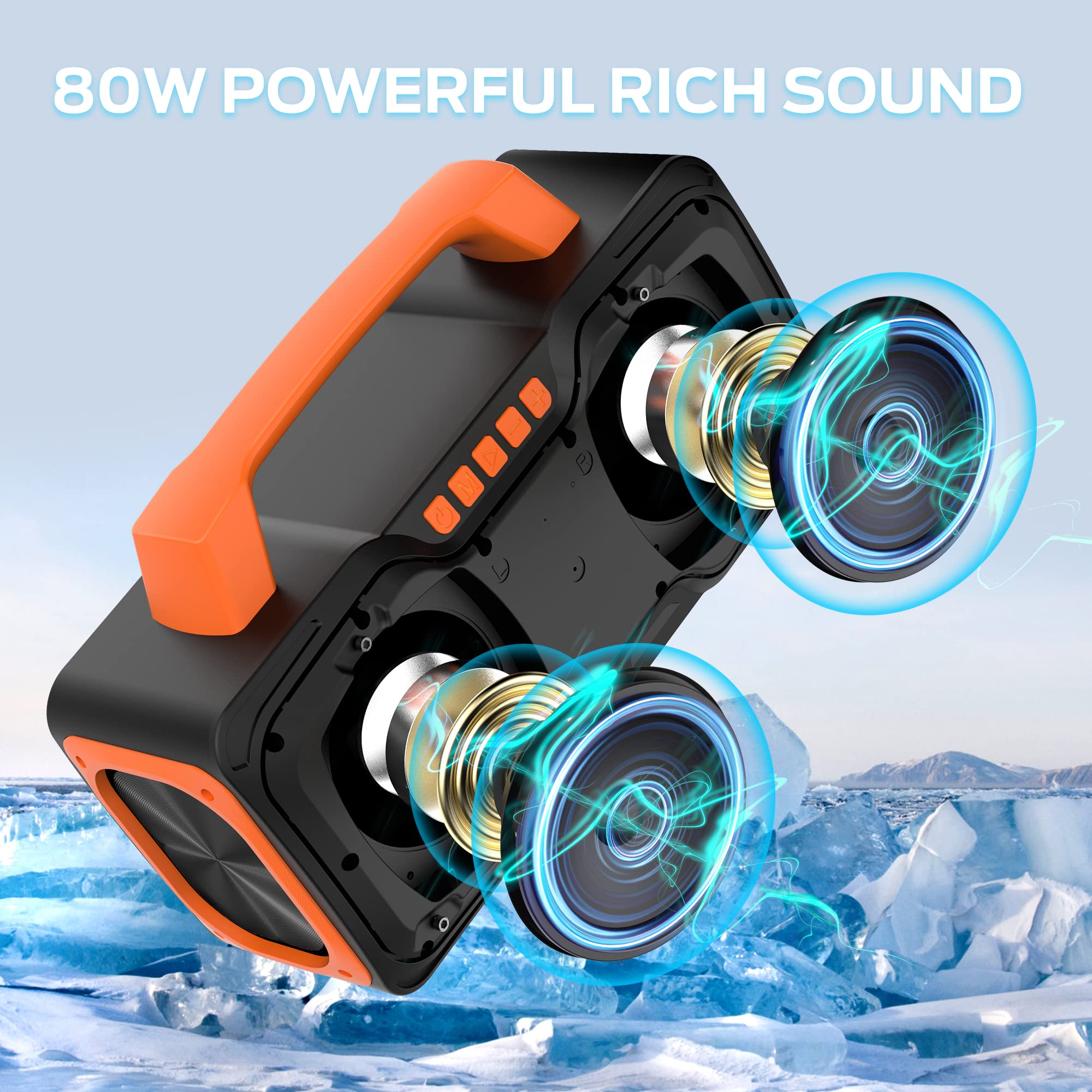 BUGANI 80W Bluetooth Speaker, IPX7 Waterproof Portable Wireless Speaker with Handle - 24H Playtime, AUX/USB, Karaoke Mic Support - Perfect for Outdoor Parties, Poolside, Beach, Camping & Home Karaoke