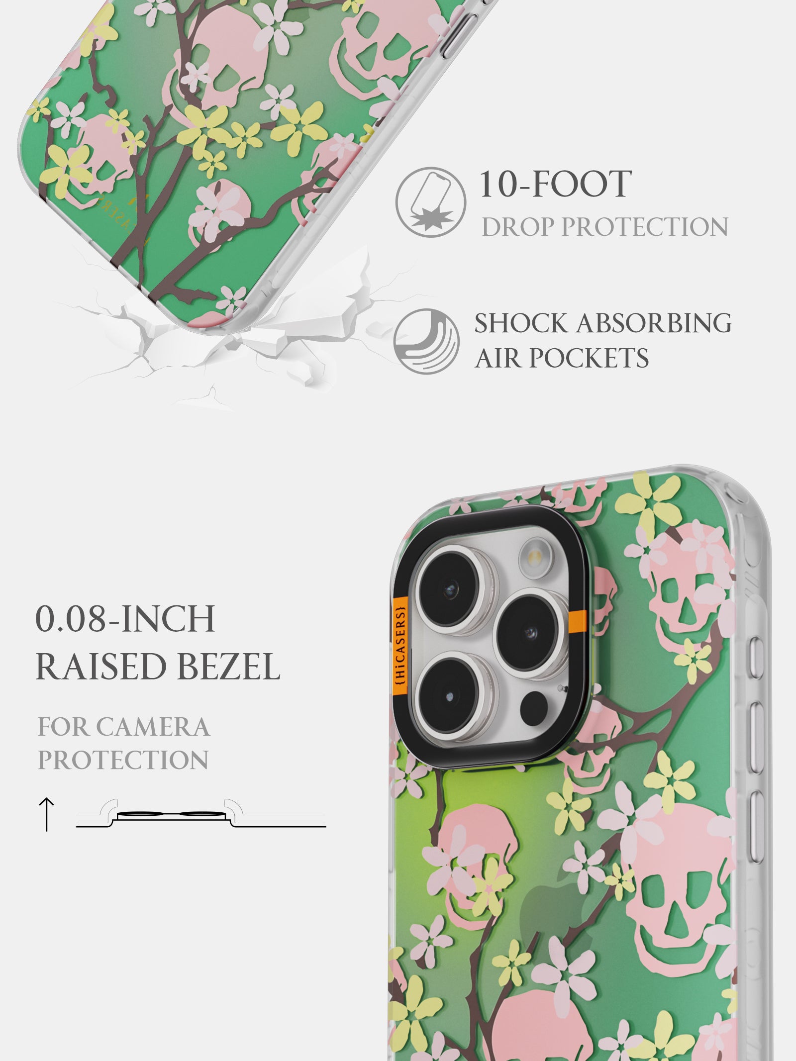 Cherry Blossoms and Skulls Iridescent Phone Case - Green | Trendy Protective Cover for iPhone & Samsung | Perfect for Spring Fashion & Gothic Style Lovers