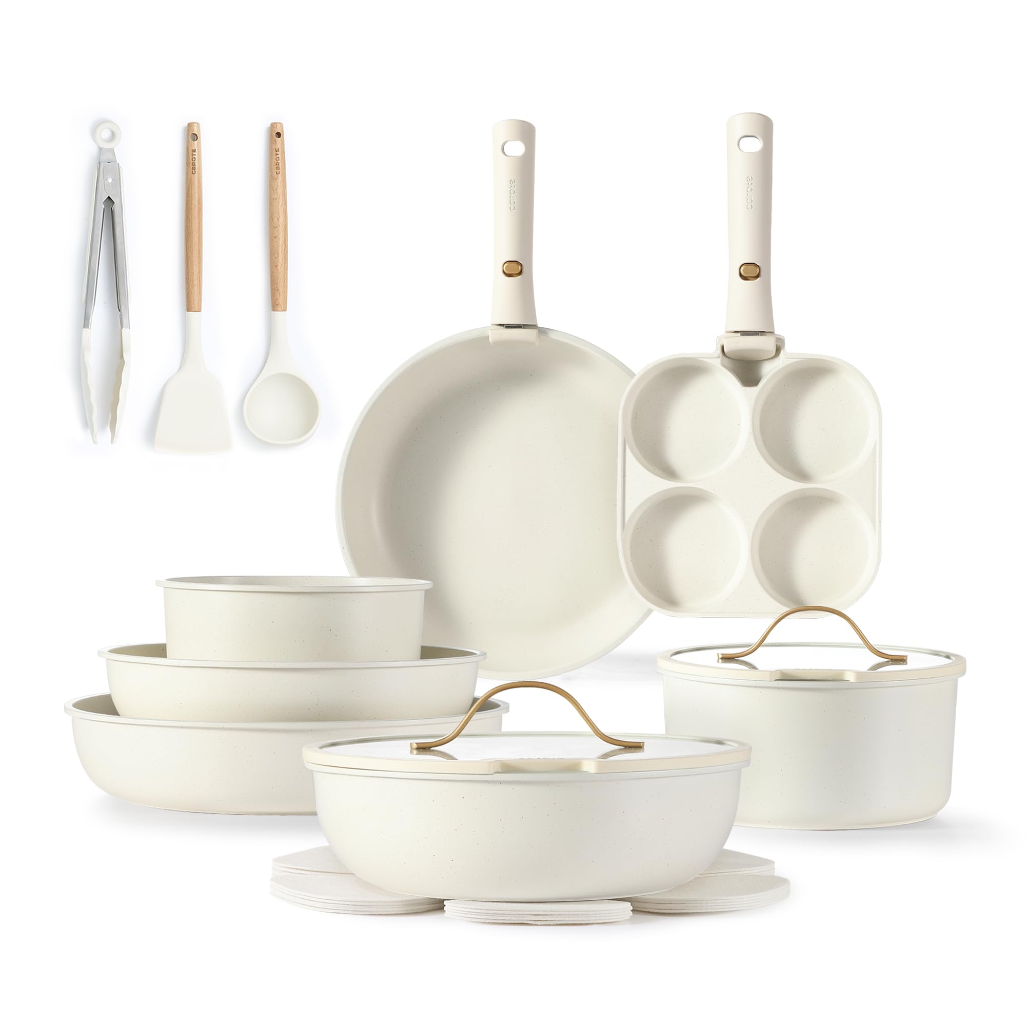 CAROTE 19-Piece Nonstick Cookware Set - Induction Compatible Pots & Pans with Detachable Handles, Oven & Fridge Safe - Gold & White Kitchen Cookware for RV, Apartment & Home Cooking