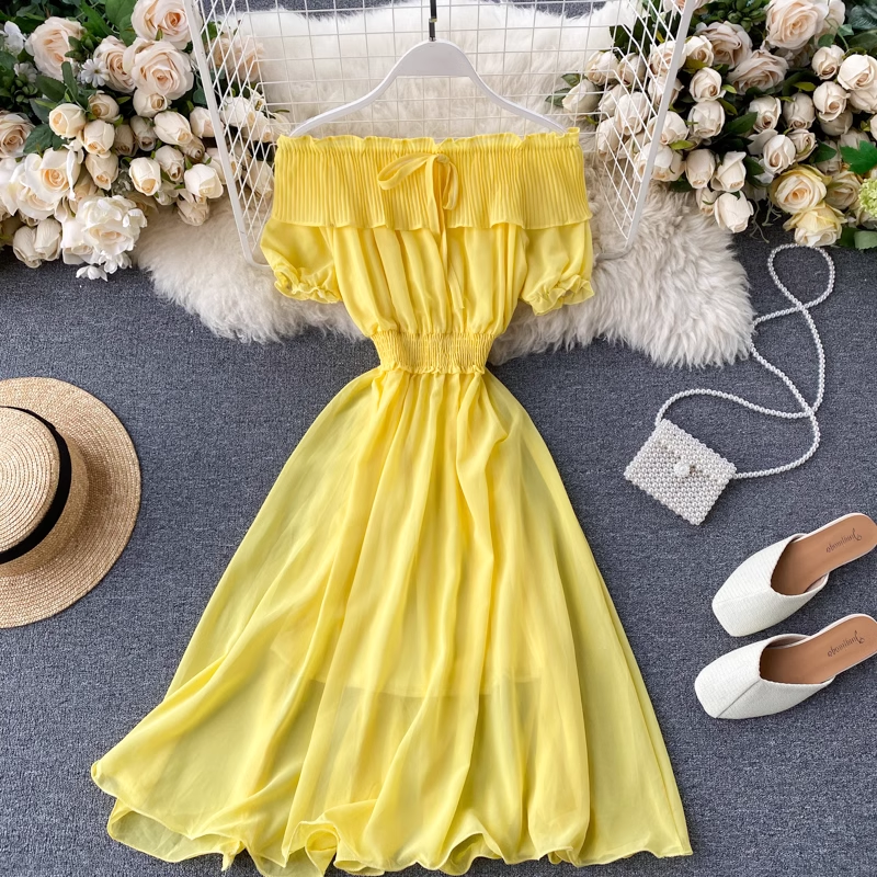 Stylish Women's Summer Pleated Chiffon Skirt with Ruffled Off-Shoulder Design - Perfect for Beach Vacations, Date Nights & Casual Outings