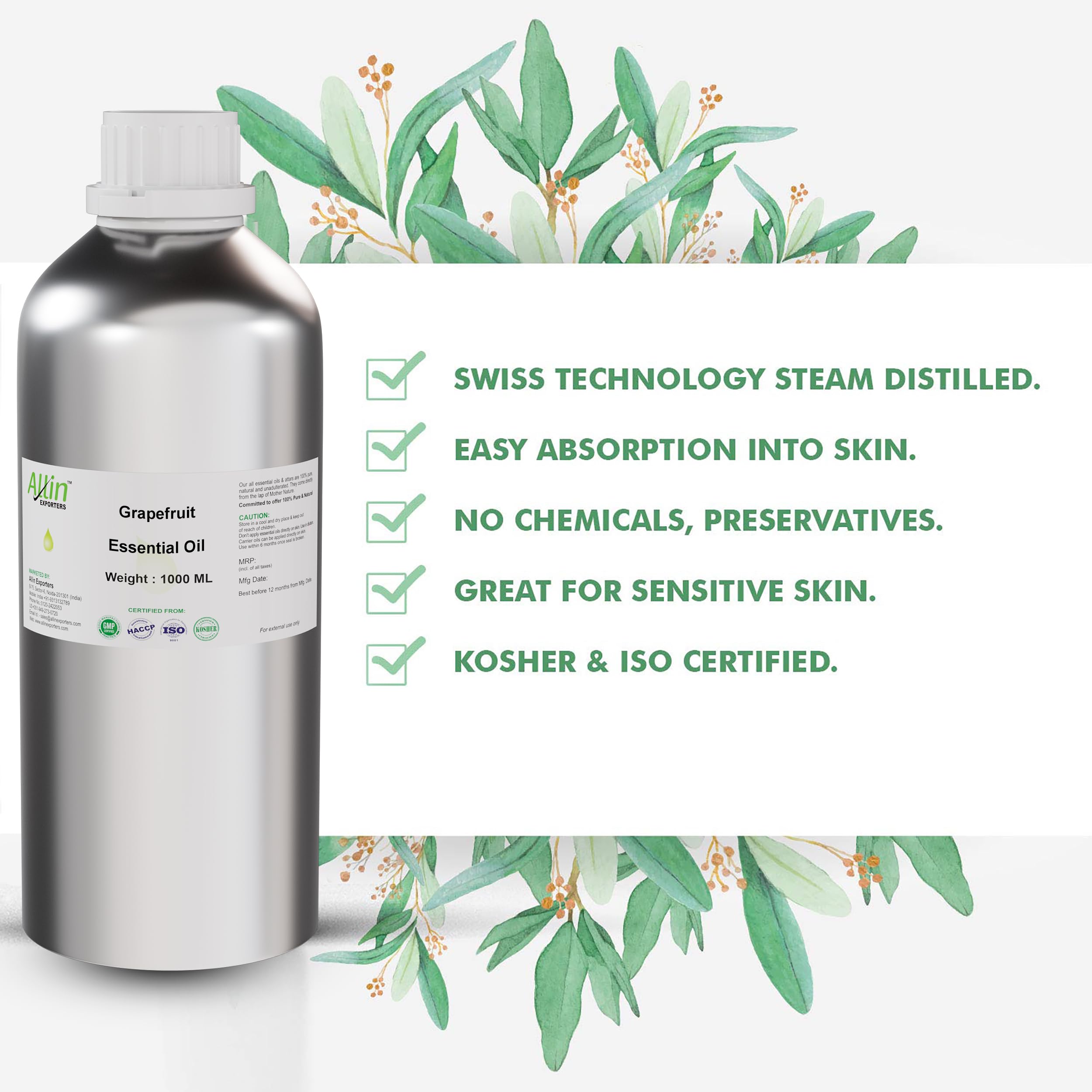 Pure Undiluted Grapefruit Essential Oil 1000ml - Therapeutic Grade for Skincare, Aromatherapy & Diffusers | Perfect for Massage, Stress Relief & DIY Beauty Products