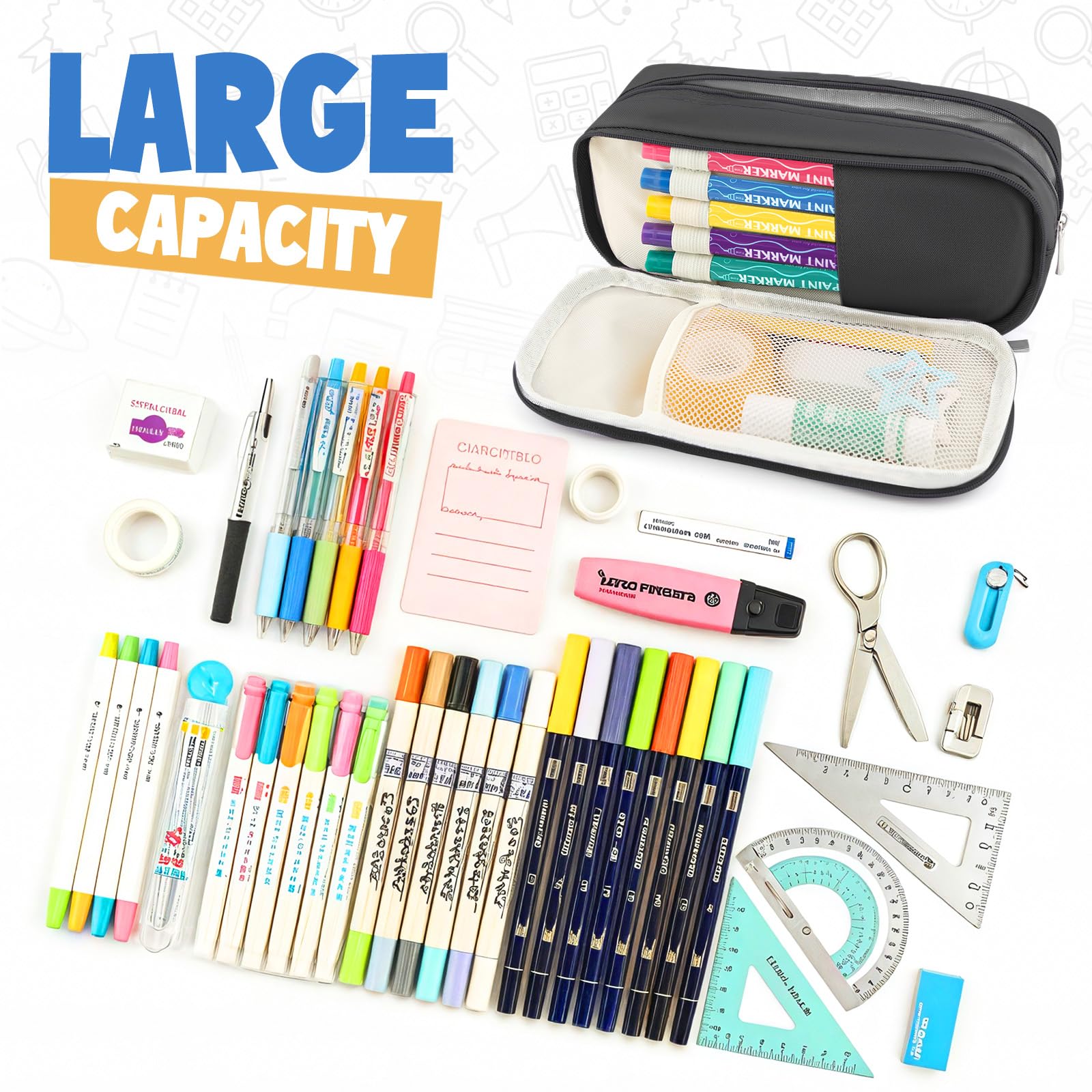 Large Capacity Pencil Case Organizer - Pouch Holder Box for Pens, Markers & School Supplies | Perfect for School, Office, College & Travel | Durable Desk Storage Solution for Stationery Organization