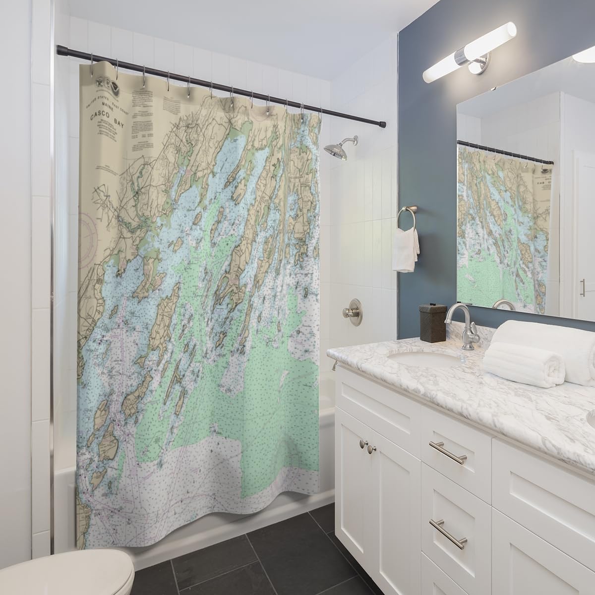 Nautical Chart Shower Curtain - Casco Bay Waterproof Bathroom Decor, 71