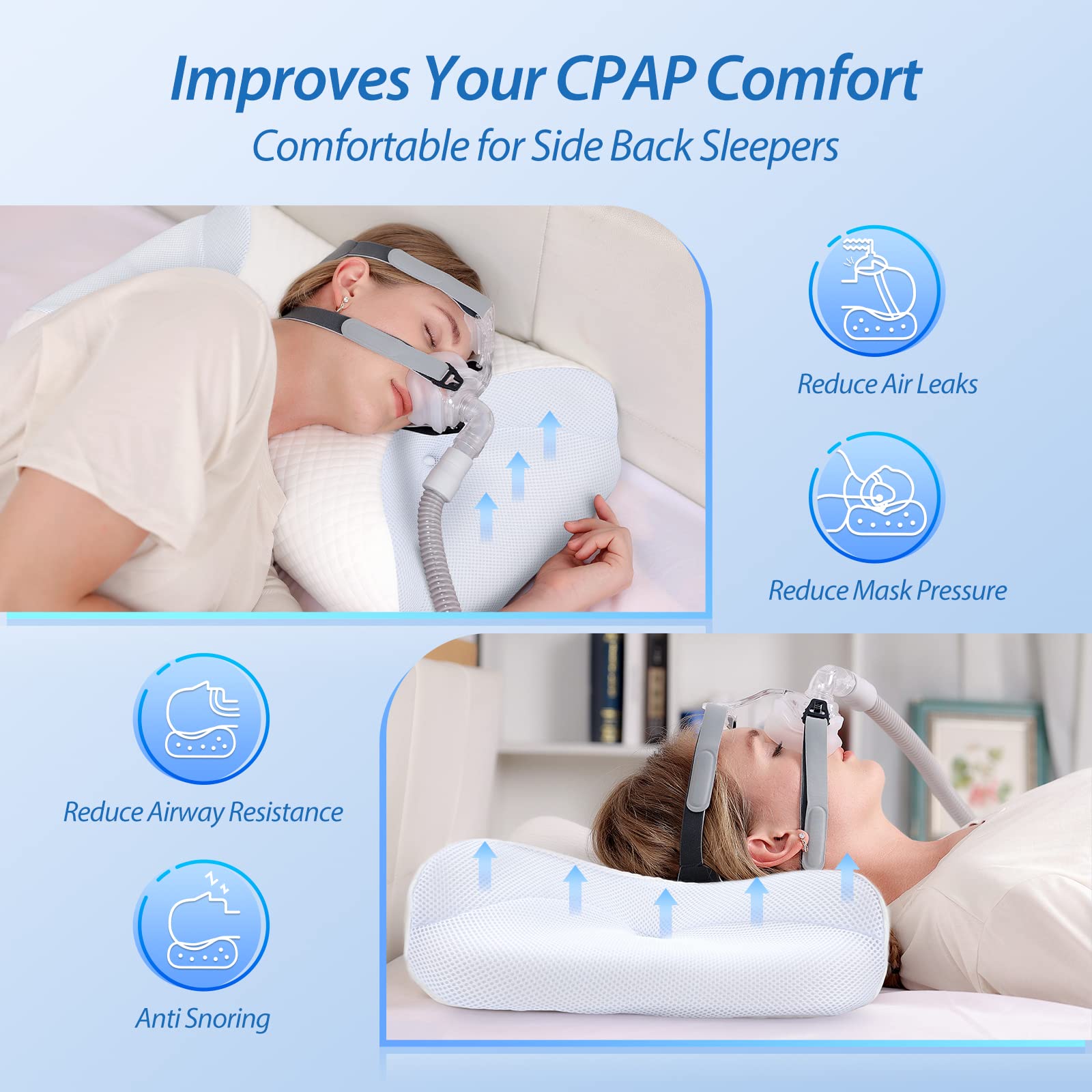 HOMCA CPAP Pillow for Side Sleepers - Reduces Air Leaks & Neck Pain - Perfect for CPAP Mask Users
