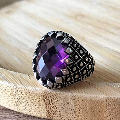 Handmade 925 Sterling Silver Men's Ring with Amethyst - Ottoman Style Turkish Boho Gypsy Jewelry - February Birthstone Gift for Him - Perfect for Weddings, Anniversaries & Special Occasions