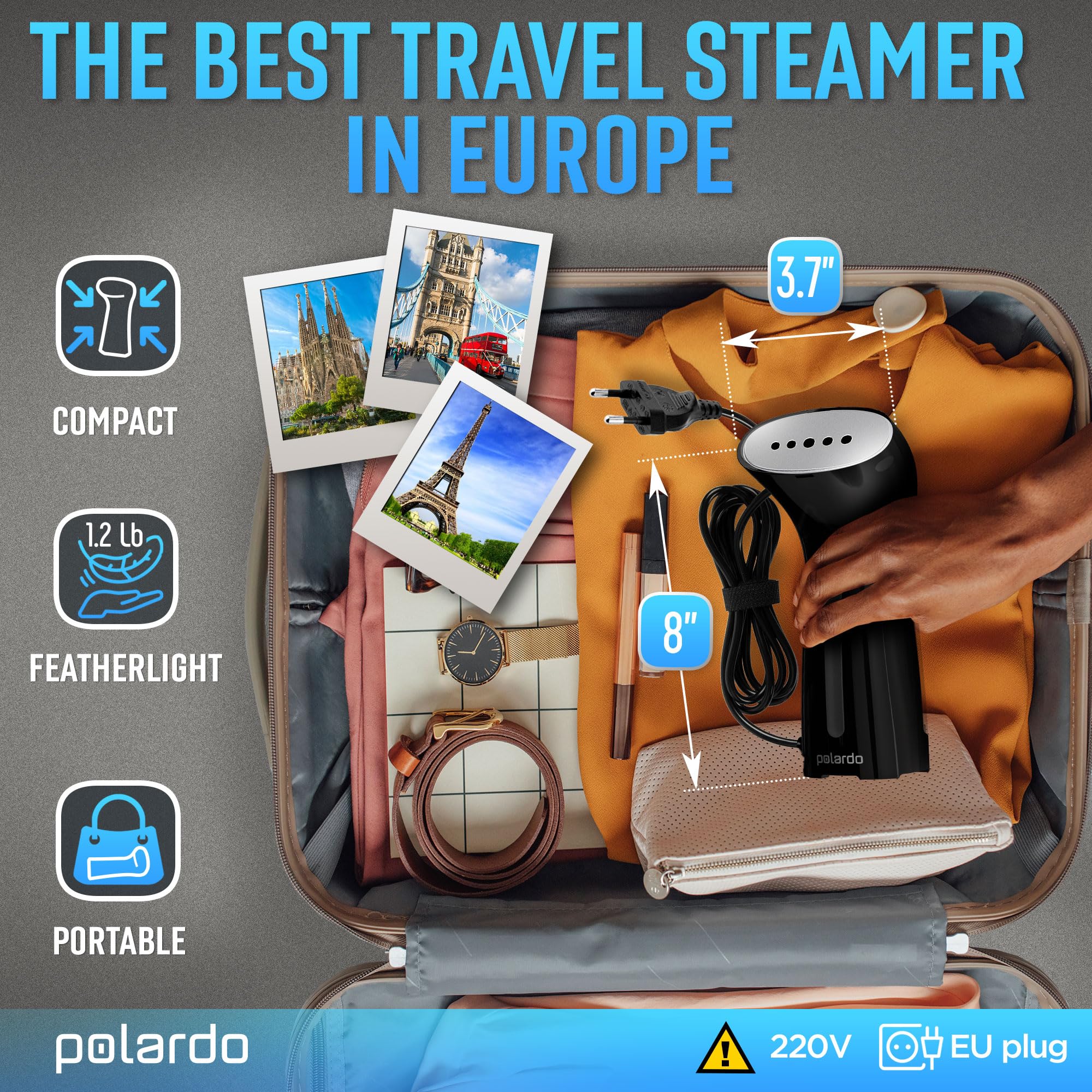 220V Handheld Portable Travel Garment Steamer for Europe - Fast 25s Heat Up, Metal Steam Head, Pump System - Mini Size Fabric Steamer for Clothes, Dresses, Suits & Home Use - Perfect for Travel, Office & Daily Wardrobe Care