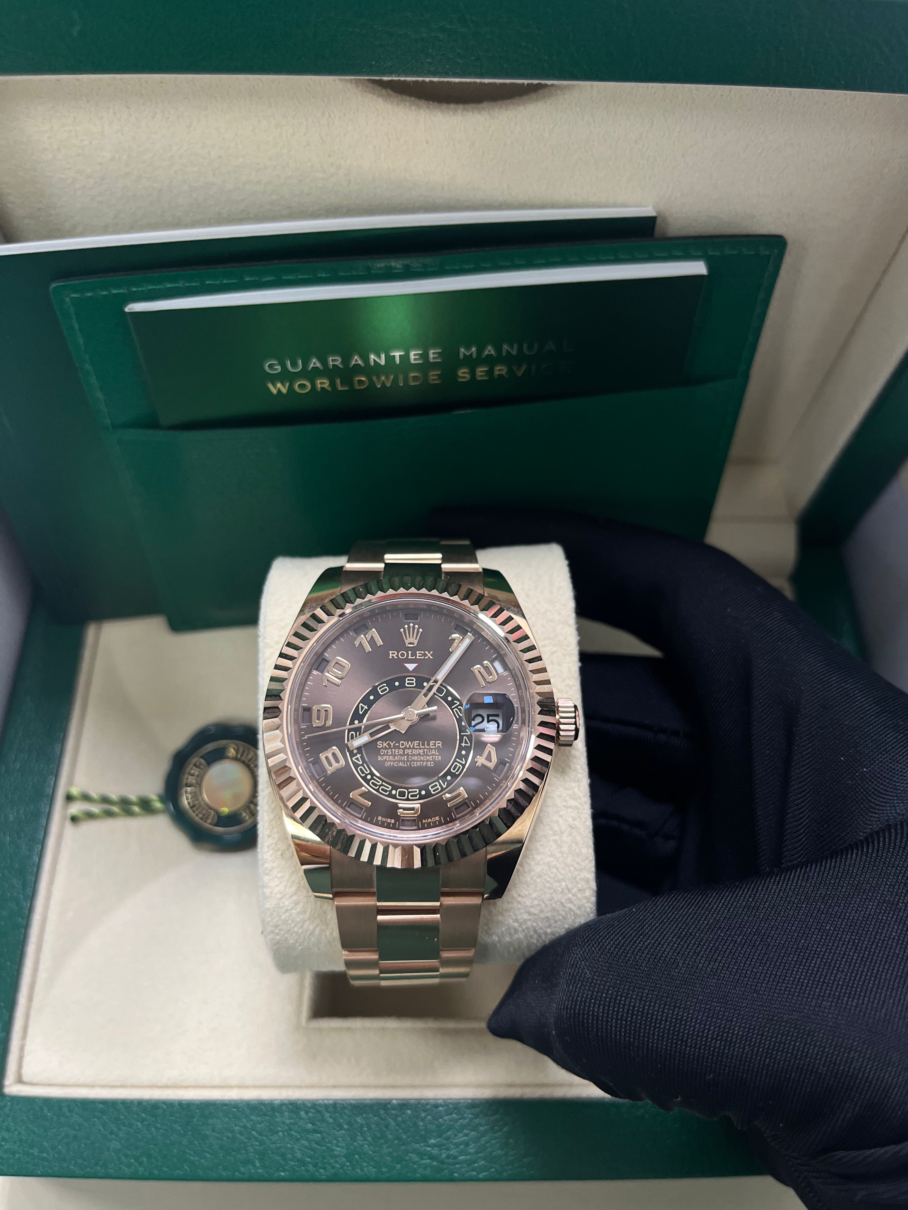 Rolex Sky-Dweller 42mm 18k Rose Gold Watch with Chocolate Sunray Arabic Dial Ref.326935 - Luxury Men's Watch for Business, Travel & Special Occasions