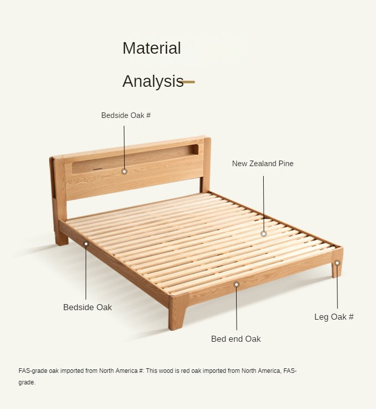 Solid Oak and Beech Wood Bed with Built-in LED Lights and Bookshelf - Modern Bedroom Furniture for Small Spaces, Lofts, and Studio Apartments