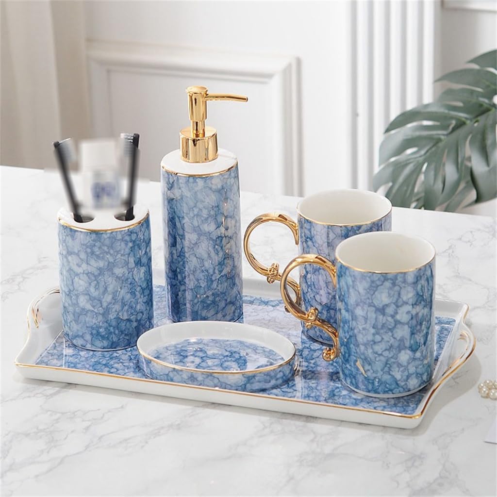 Premium Ceramic 5-Piece Bathroom Toiletries Set - Bone China Toothbrush Holder & Mouthwash Cup for Modern Bathroom Decor | Perfect for Guest Bathrooms, Master Suites & Spa-Inspired Spaces
