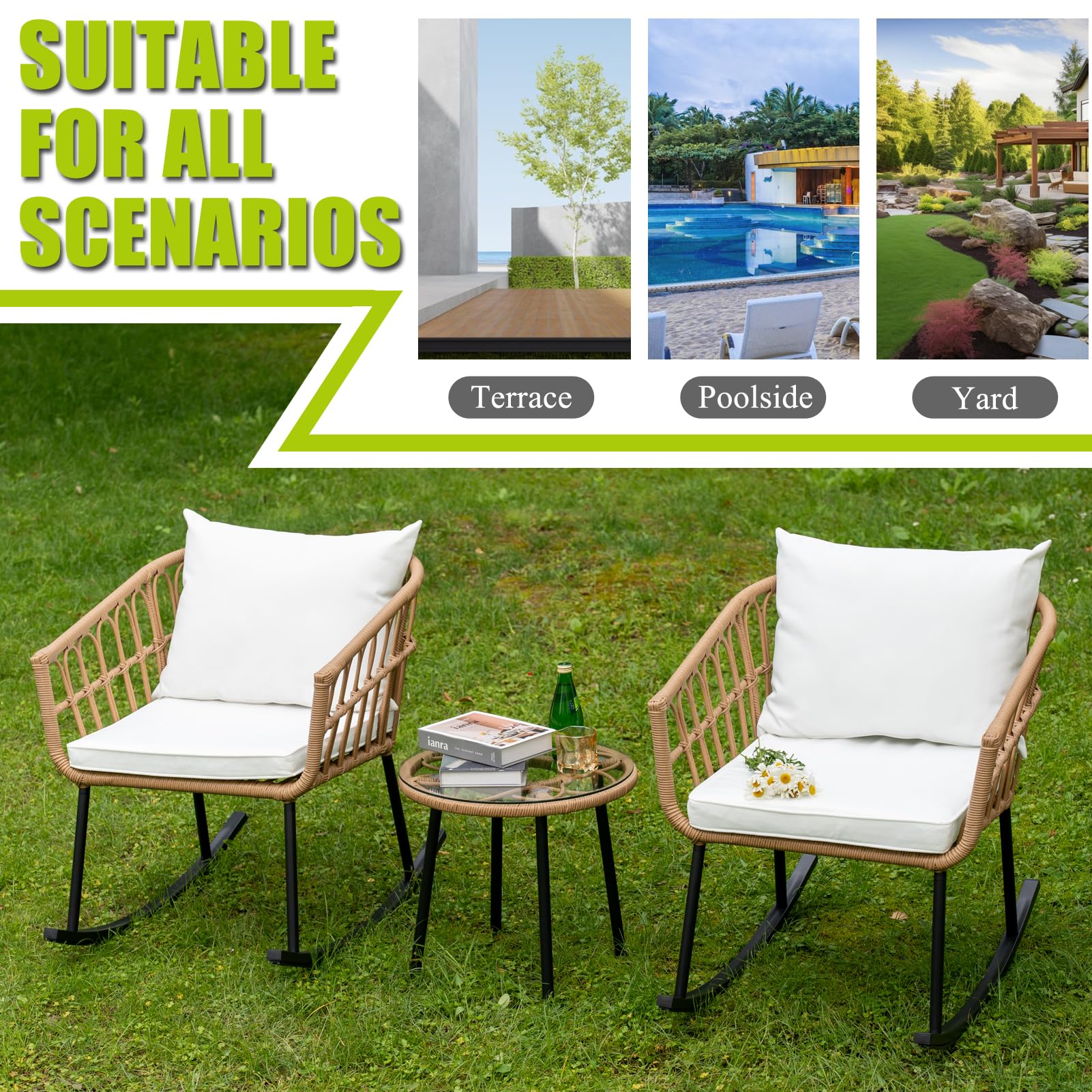 Boho Outdoor Rocking Chair Set - 3-Piece Wicker Rattan Patio Furniture with Glass Table & Waterproof Cushions for Balcony, Garden, or Backyard Relaxation