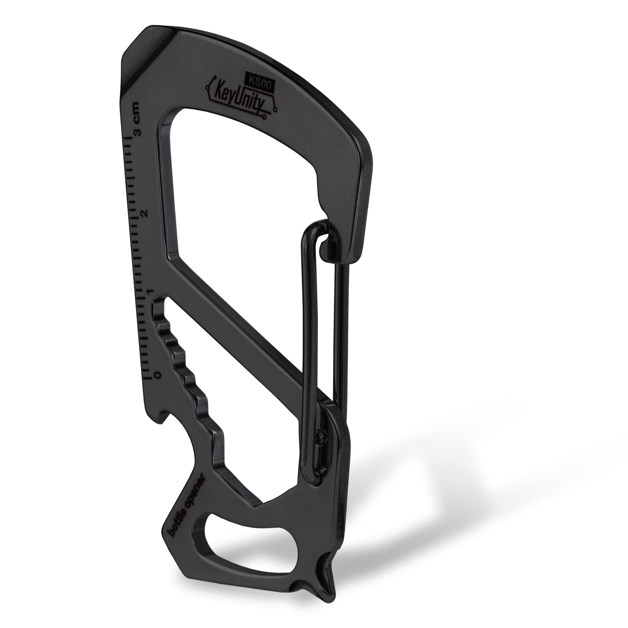 KeyUnity KS00BK 7-in-1 Stainless Steel Multitool Carabiner Clip - Includes Quick Release Clasp, Wrench, Cross/Slotted Screwdrivers, Bottle Opener, Ruler & Key Holder (PVD Black) - Perfect for Camping, Hiking, DIY Repairs & Everyday Carry