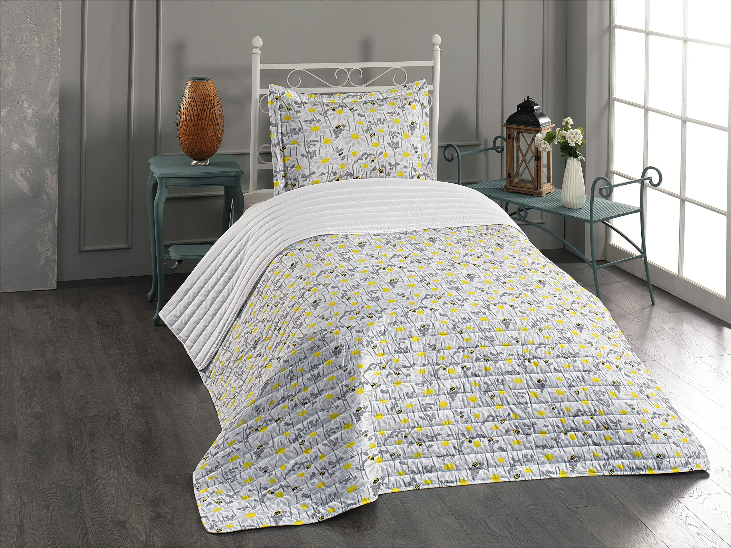 **Ambesonne Yellow Microfiber Bedspread Set - Bees & Chamomile Daisy Floral Pattern, Soft Twin Size Bedding with Pillow Sham & Comforter (Grey/Yellow/White) - Perfect for Spring & Summer Bedroom Decor, Farmhouse or Cottage Style**