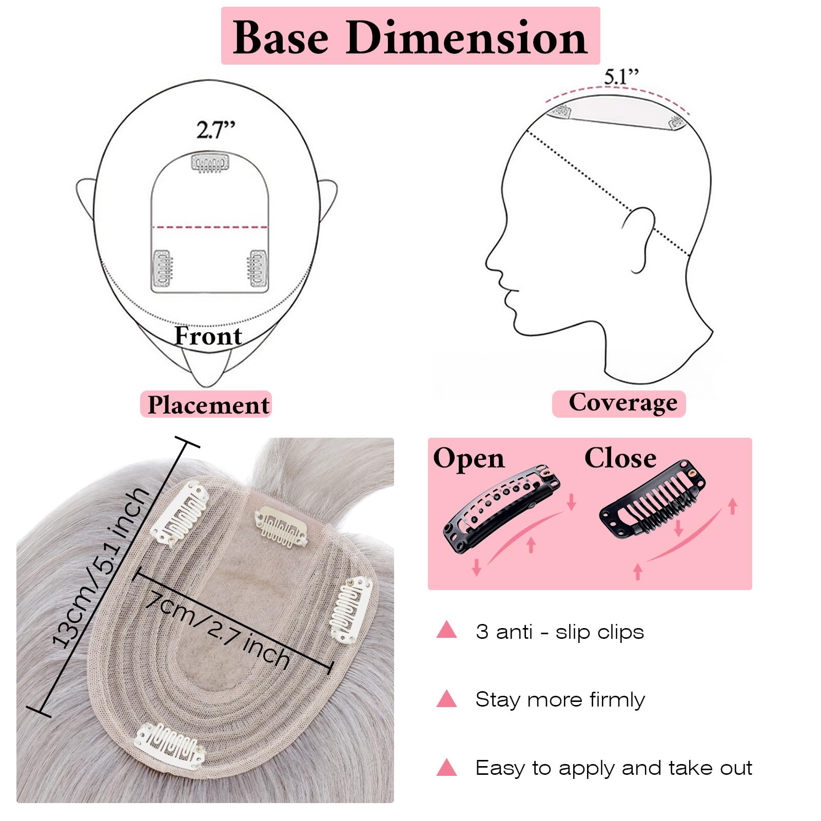 SEGO 100% Real Human Hair Toppers with Bangs - Silk Base 150% Density Clip-in Hairpiece (2.7”x5.1”) for Women with Thinning Hair & Hair Loss - Natural Gray Coverage | Perfect for Daily Wear, Special Occasions & Hair Volume Enhancement