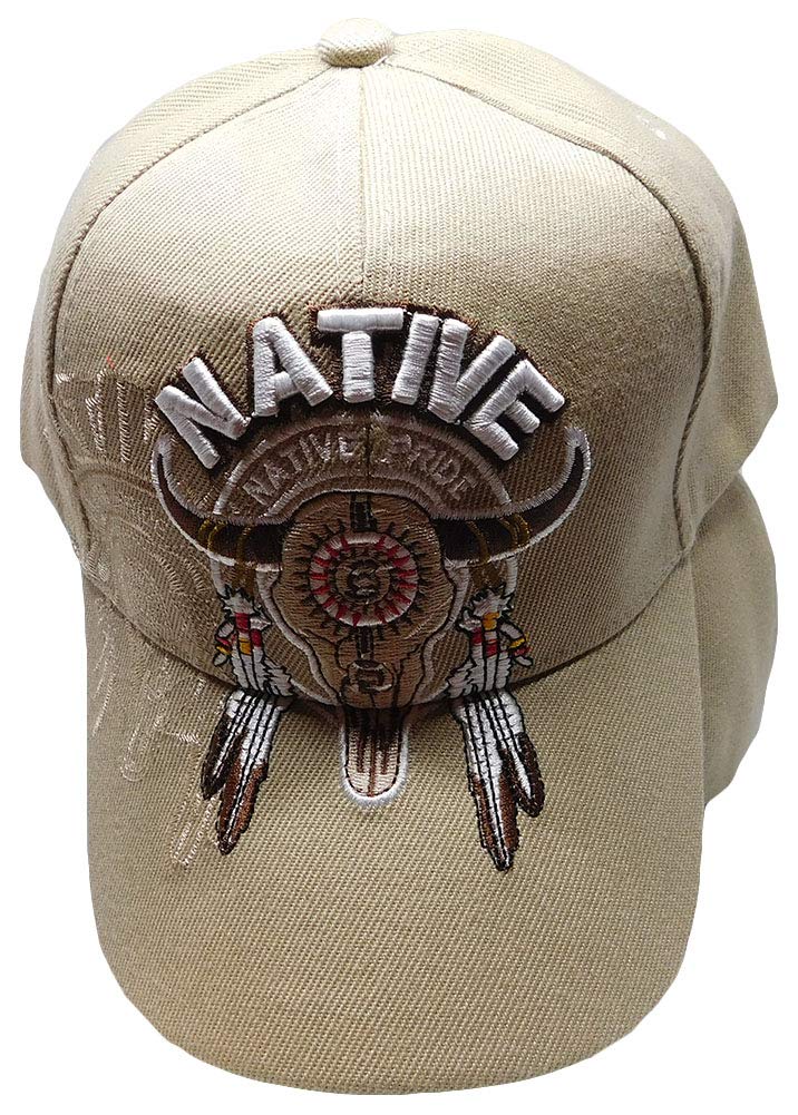 Native Pride Indian Buffalo Skull Dreamcatcher Embroidered Adjustable Cap - Polyester Khaki Hat with Shadow Design - Perfect for Festivals, Powwows & Western Fashion