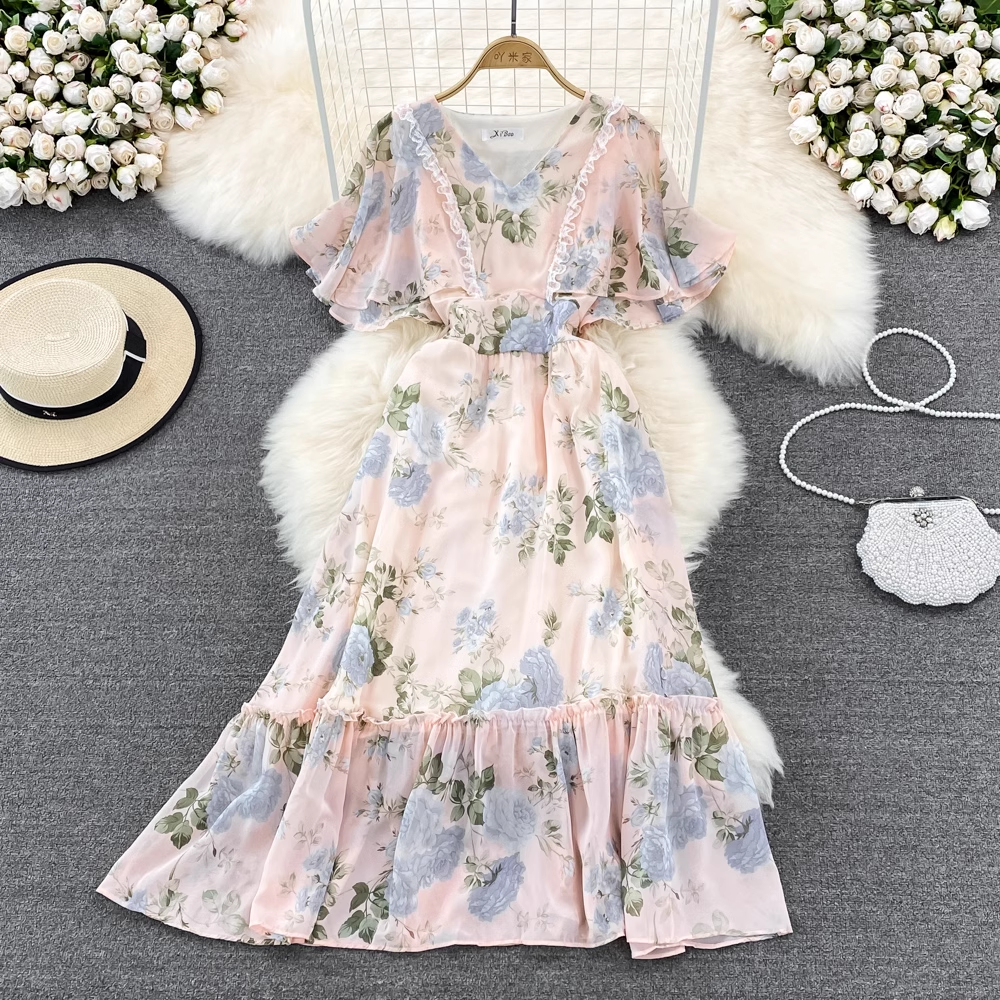 Elegant Fairy High Waist V-Neck Ruffled Chiffon Floral Maxi Dress for Women - Perfect for Summer Weddings, Garden Parties & Romantic Dates
