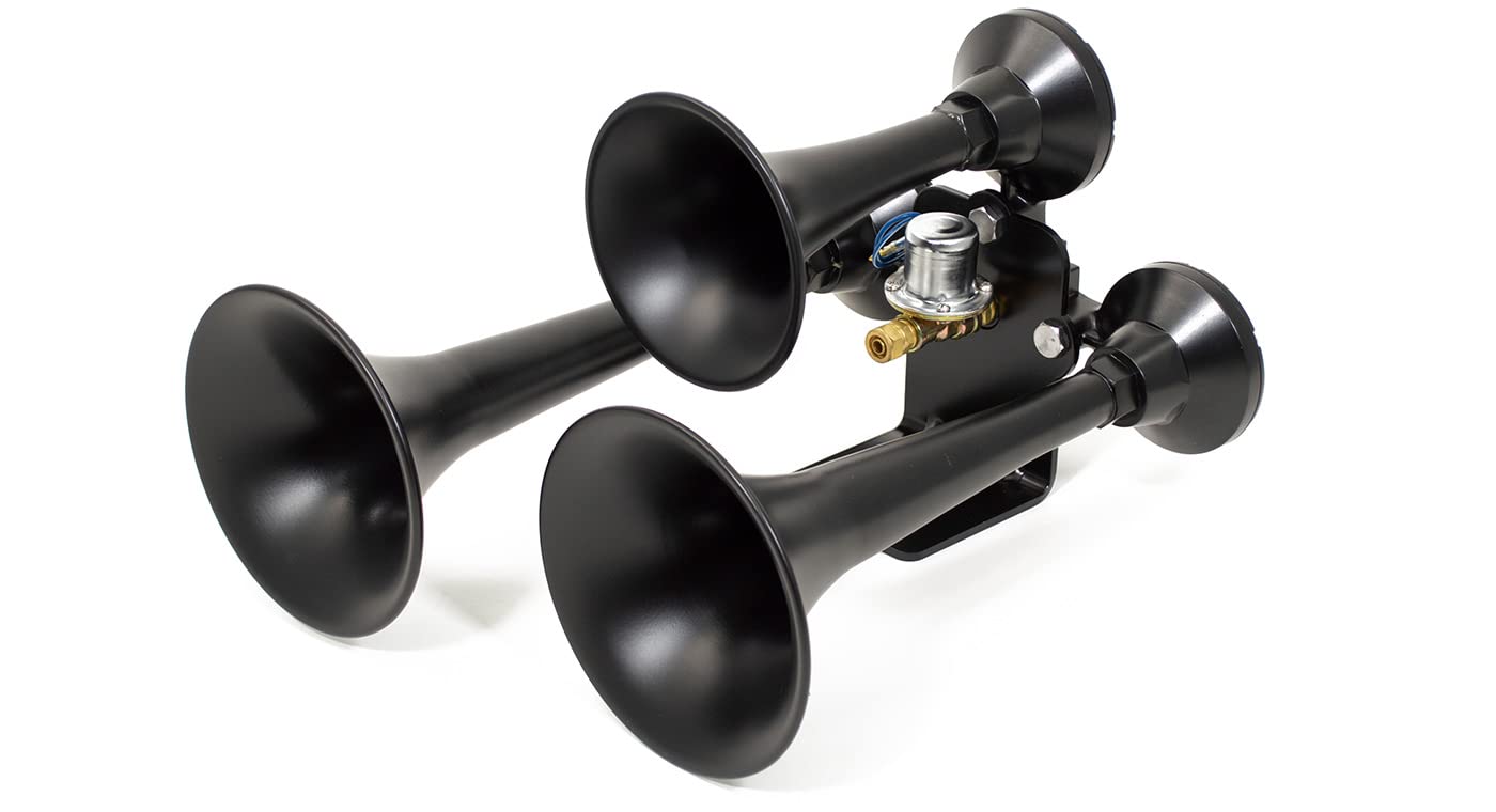 HornBlasters Outlaw Black 12/24 Volt Train Horn Kit - 3 Trumpet Air Horn for Trucks & Vehicles - Loud 150dB Sound for Emergency & Safety - Perfect for Semi Trucks, Boats & Off-Road Adventures