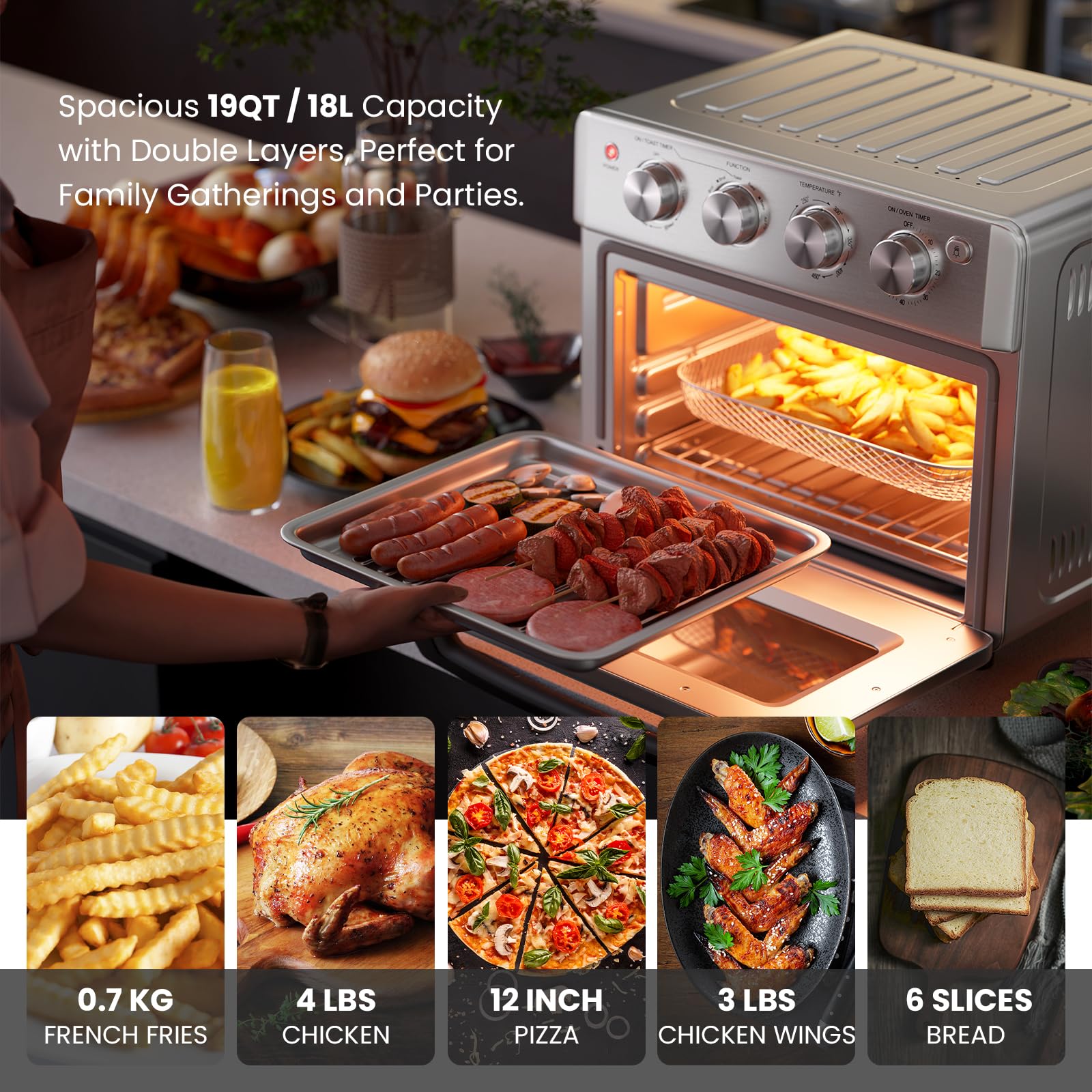 SIMOE 7-in-1 Retro Air Fryer Toaster Oven Combo - 19QT Large Capacity Convection Oven with 360° Even Heating, 5 Accessories & Recipe Book - Perfect for Family Cooking, Baking, Roasting & Healthy Meals (Sliver)