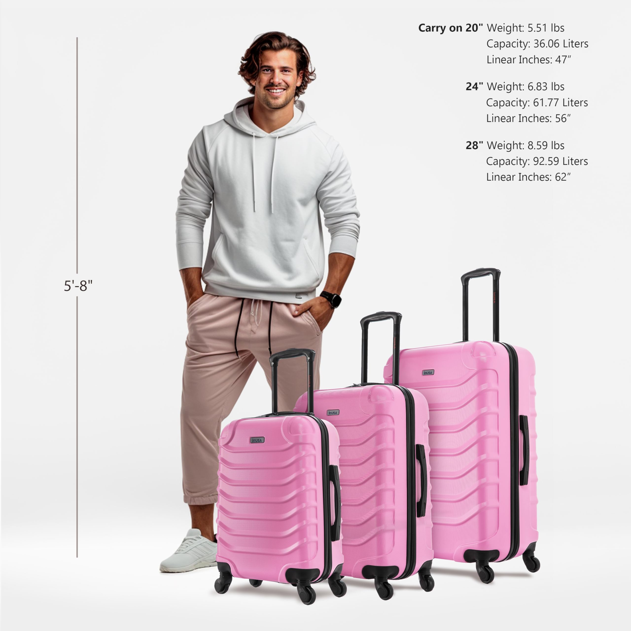 InUSA ENDURANCE 3-Piece Lightweight Hardshell Luggage Set with Spinner Wheels (20in, 24in, 28in) - Durable Expandable Suitcase with Trolley Handle for Air Travel, Business Trips & Family Vacations - Pink