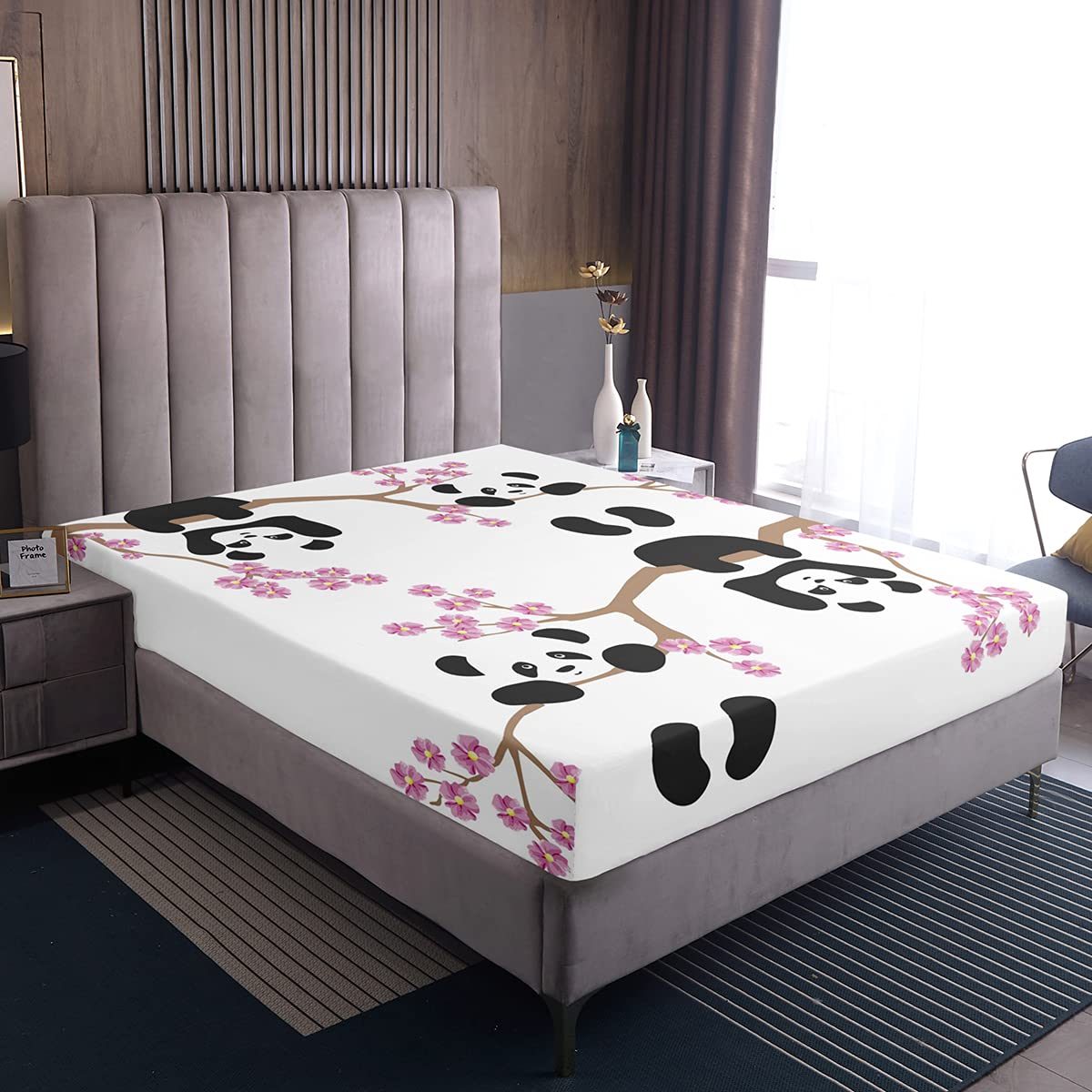 Erosebridal 7-Piece Panda Comforter Set with Fitted Sheet - Cherry Blossom Print Bedding Collection for Kids & Teens - Cozy Bedroom Decor for Nursery, Dorm Room or Gift