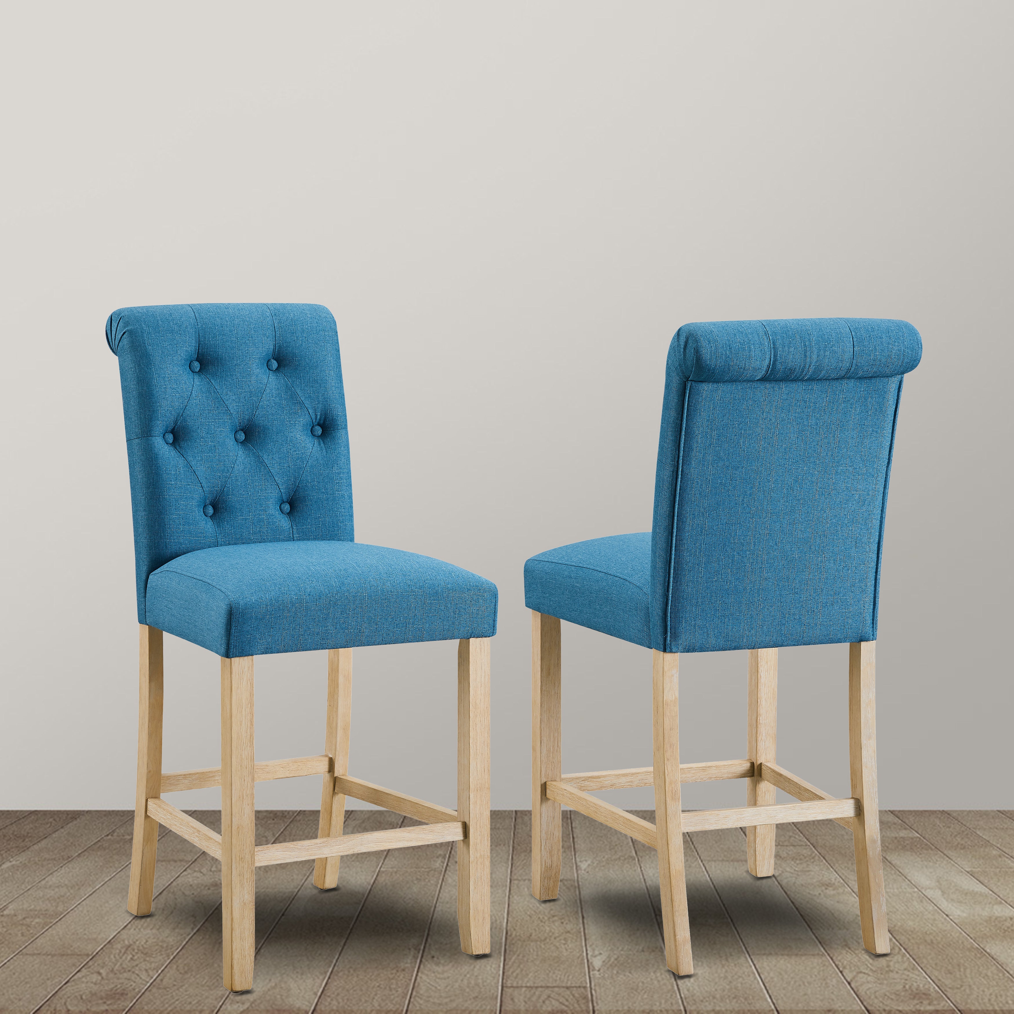 Roundhill Furniture Siena Counter Height Button Tufted Back Solid Wood Bar Stools, Blue, Set of 2 - Perfect for Kitchen Islands, Breakfast Nooks & Home Bars