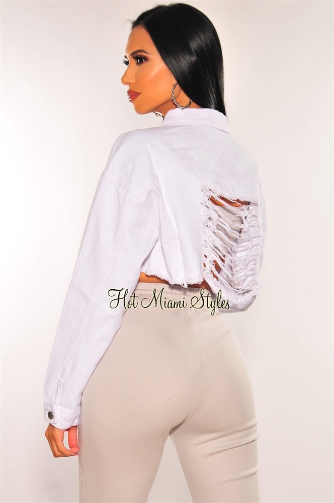 White Denim Long Sleeve Destroyed Back Cropped Jacket for Women - Vintage Distressed Denim Jacket with Ripped Details - Perfect for Casual Outfits, Streetwear & Fall Layering