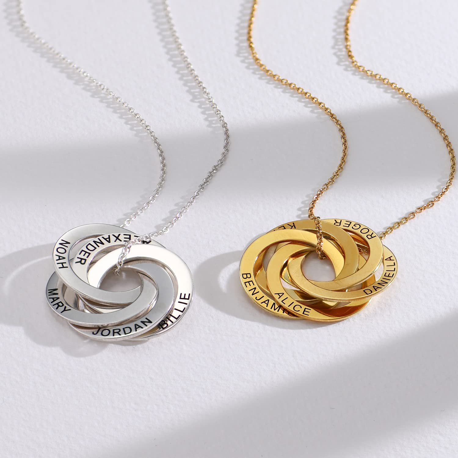 Personalized Russian Ring Round Circle Necklace with 4 Interlocking Rings - Custom Engraved Family Pendant Jewelry - Unique Gift for Women, Mom, Wife - Perfect for Mother's Day, Anniversary, Birthday - Elegant Everyday Wear & Special Occasions