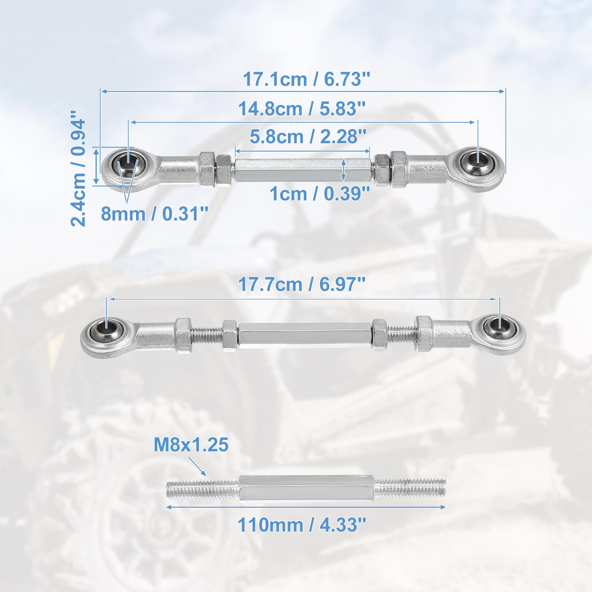 Motoforti 2-Piece 110mm Adjustable Steering Tie Rod Ball Joint with 8mm Hole Diameter - Compatible with 49cc Electric ATV & Go Kart - Silver Tone Steering Column & Suspension Upgrade for Off-Road Performance