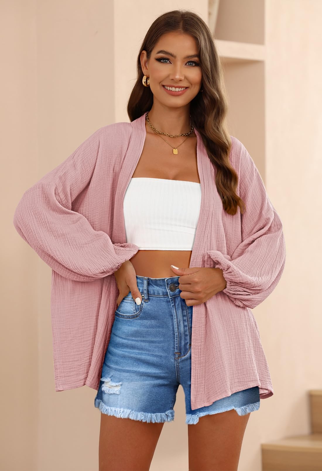 Fixmatti Women's 2-Piece Summer Outfit - V-Neck Long Sleeve Top & High Waisted Shorts Lounge Set with Belt | Casual Wear, Home Comfort, Vacation Outfit