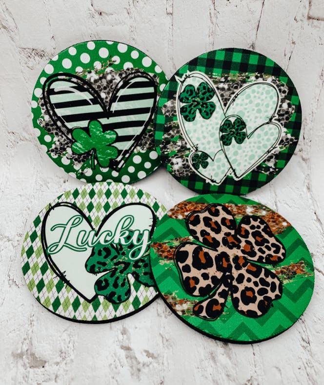 St. Patrick's Day Coasters Set of 4 - Irish Themed Neoprene Drink Coasters with Shamrocks & Hearts Design, Handmade Table Decor for Coffee Bar, Pub, or Home - Perfect Gift for St. Paddy's Day Celebrations