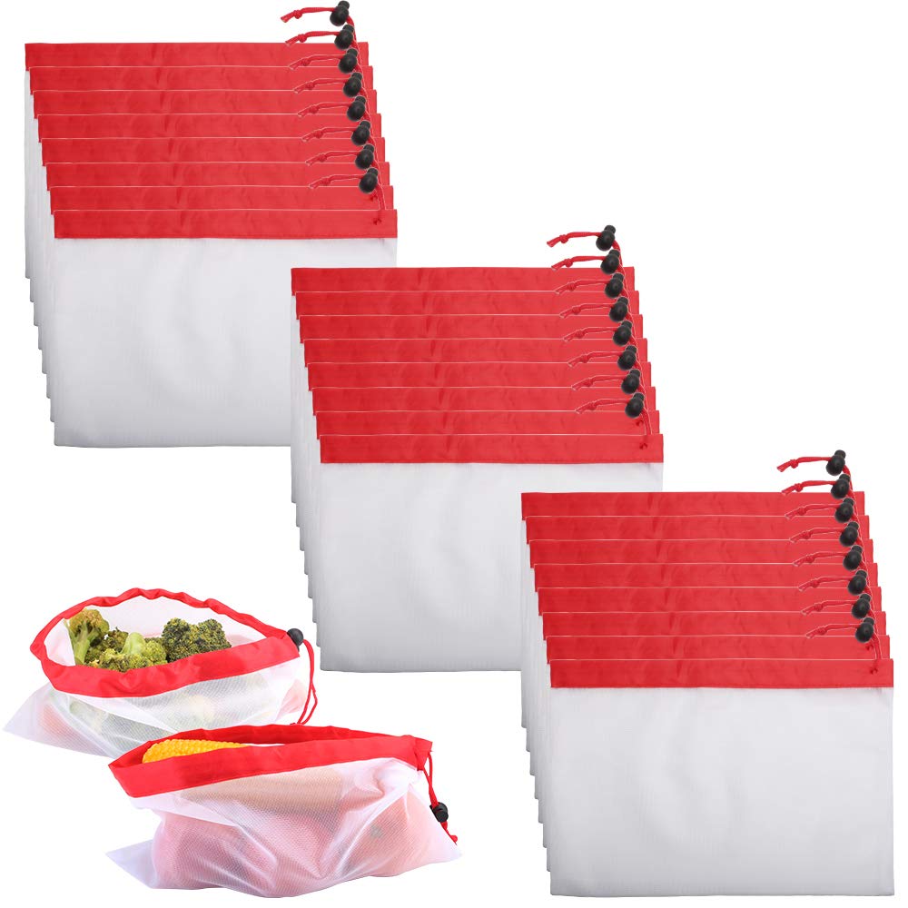 IDEALUX 24-Pack Reusable Mesh Produce Bags - Washable & See-Through Grocery Shopping Bags with Drawstring (12