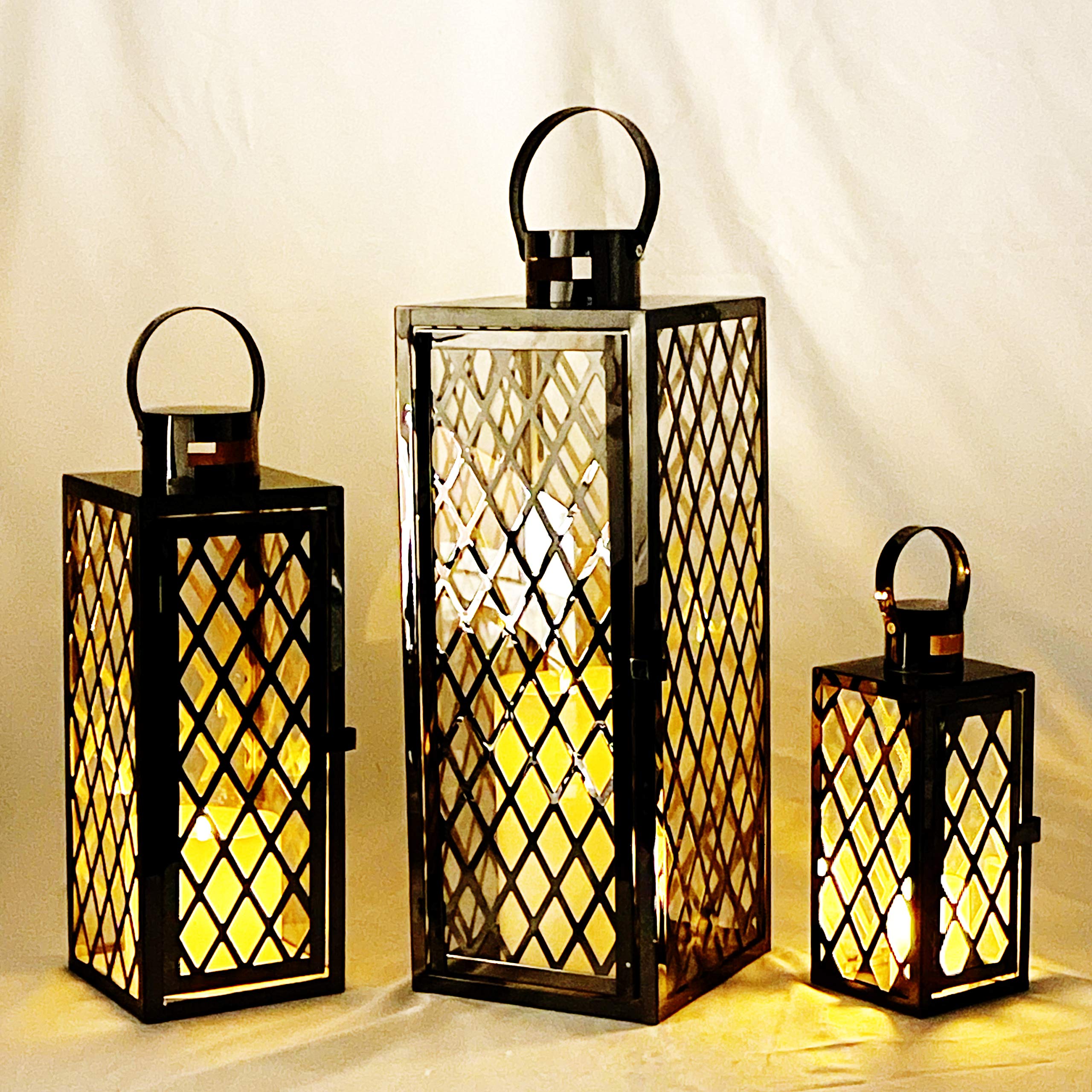 Allgala 3-Piece Jumbo Lantern Set - 23 Inch Modern Black Stainless Steel Rectangular Candle Lanterns with Lattice Grid & Tempered Glass - Indoor/Outdoor Decor for Garden, Poolside, Fireplace, Wedding & Patio Lighting
