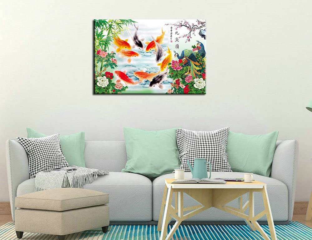 HYLOVE FISH Art - Chinese Style Feng Shui Koi Fish & Peacock Bamboo Painting, Stretched Canvas Wall Art Home Decor (24x16 Inch) - Perfect for Living Room, Bedroom, Office & Zen Meditation Space