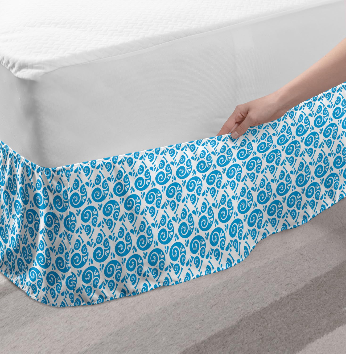 Ambesonne Abstract Bed Skirt - Monochrome Ornamental Drops Design with Elastic Wrap Around & Gathered Full Length - Sky Blue & White Bedroom Decor for Queen/King Size Beds - Perfect for Modern Home Styling & Guest Room Makeovers