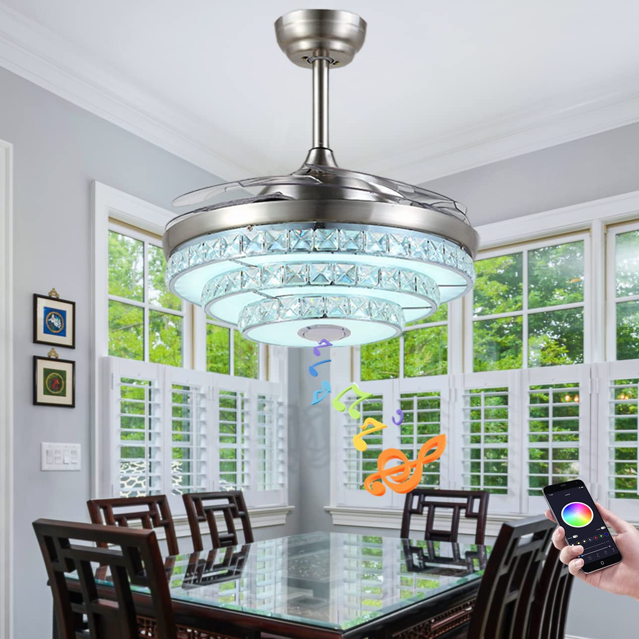 42 Inch Smart Bluetooth Ceiling Fan with LED Light & Speaker - Remote Control, 7 Color Dimmable Lighting, 3 Speed Silent Motor - Perfect for Bedroom, Living Room, and Outdoor Patio