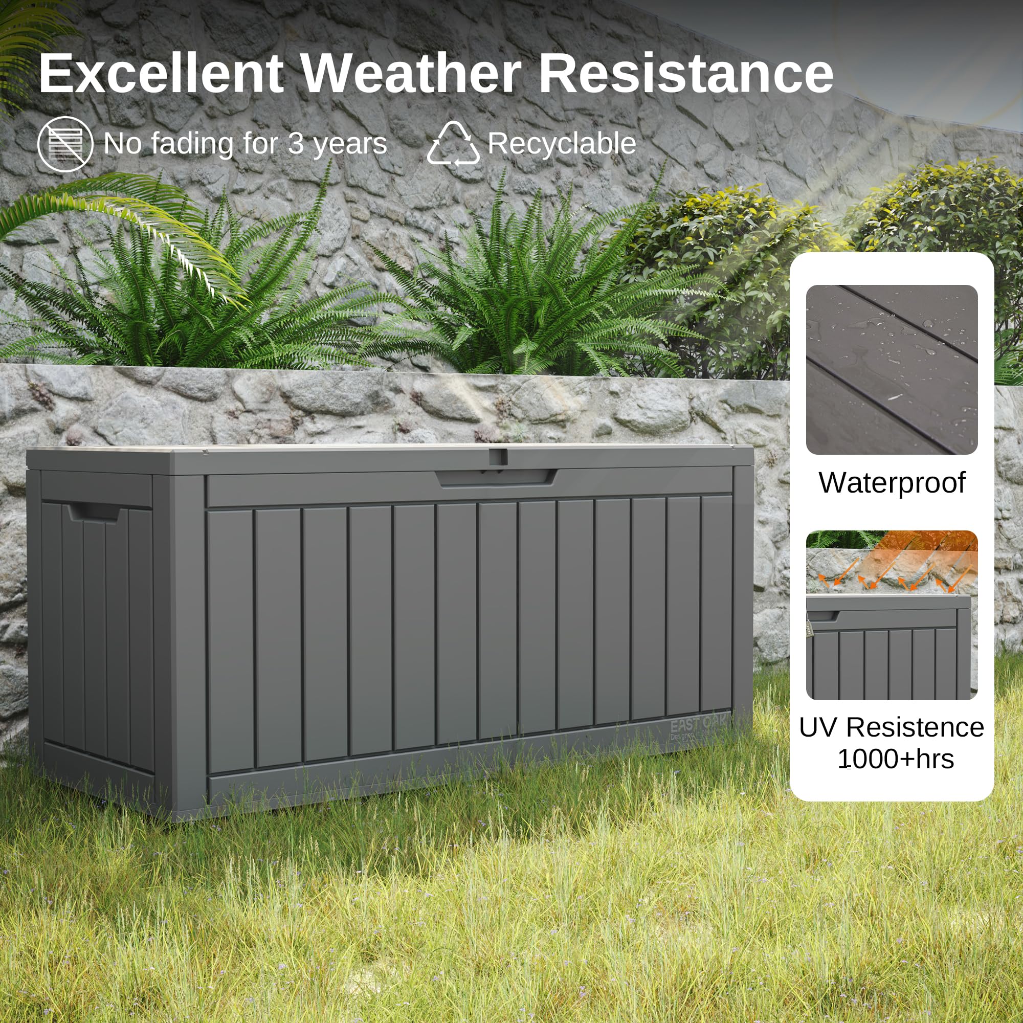 EAST OAK 90 Gallon Outdoor Storage Box - Waterproof Resin Deck Box with Lockable Lid, UV Resistant for Patio Furniture Cushions, Gardening Tools, Pool Toys | Perfect for Backyard, Garden & Poolside Organization (Grey)