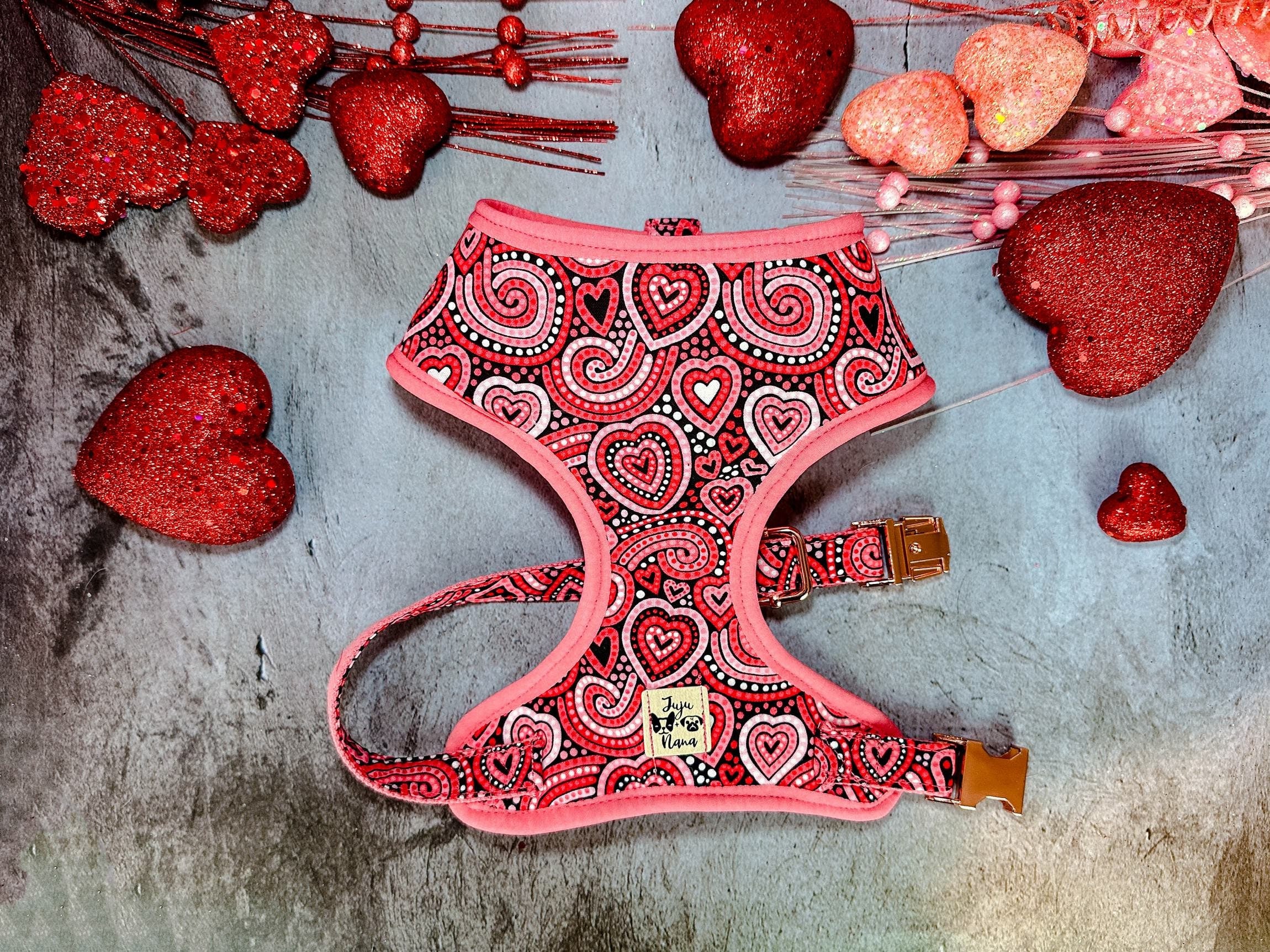 Valentine's Day Dog Harness with Paisley Hearts - Adjustable Pet Vest for Small & Medium Dogs - Perfect for Walks, Dates & Photo Shoots