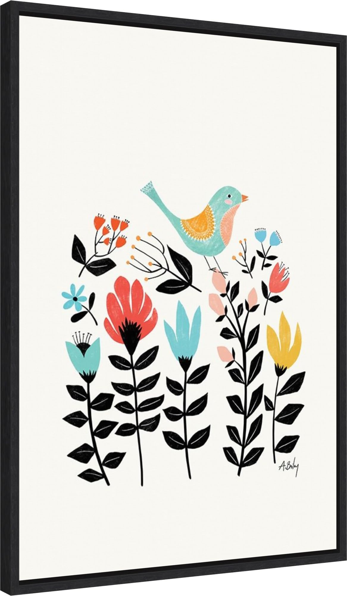 Amanti Art Framed Canvas Wall Art - 33x23 Folk Art Garden (Bird) by Annie Bailey, Modern Animal Painting for Home Decor | Perfect for Living Room, Bedroom & Bathroom | Large Framed Poster Artwork for Wall Decor