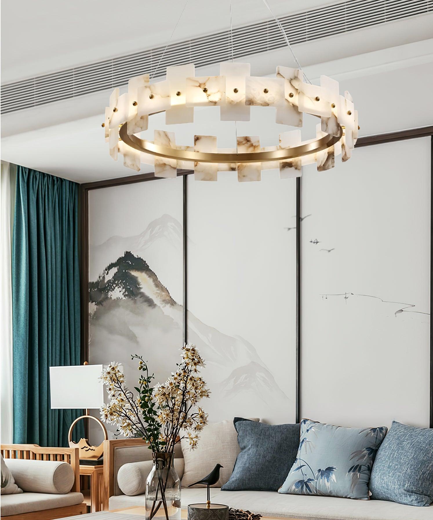 Elegant Alabaster Halo Chandelier - Modern Crystal Ceiling Light Fixture for Dining Room, Bedroom & Living Room Decor