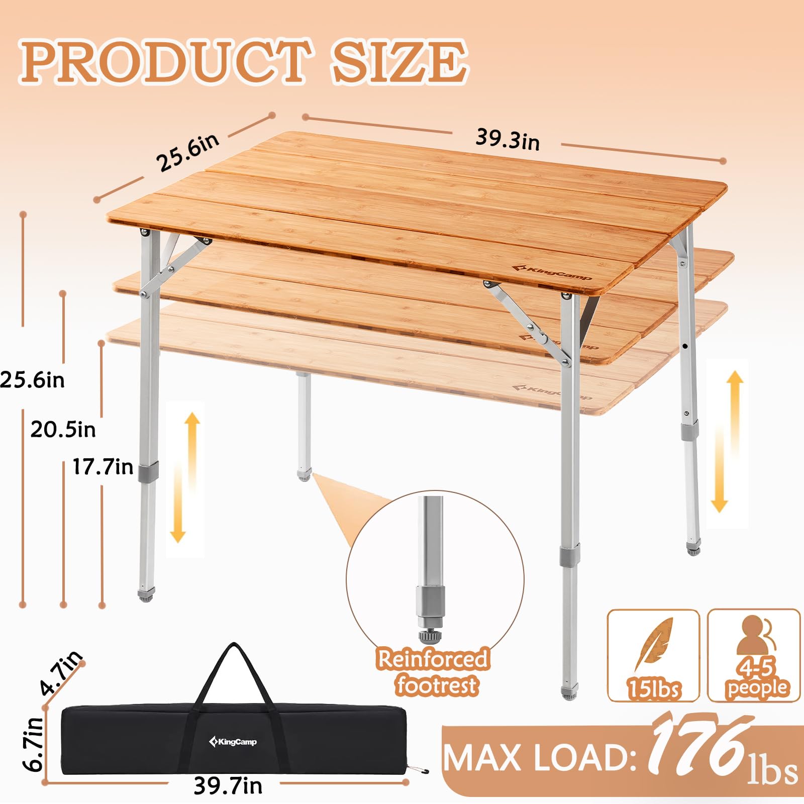 KingCamp Adjustable Height Bamboo Camping Table - Heavy Duty 4-Fold Portable Folding Table with Aluminum Legs (176lbs Capacity) - Perfect for Outdoor Camping, Picnics, RV Trips & Family Gatherings (4-5 People)