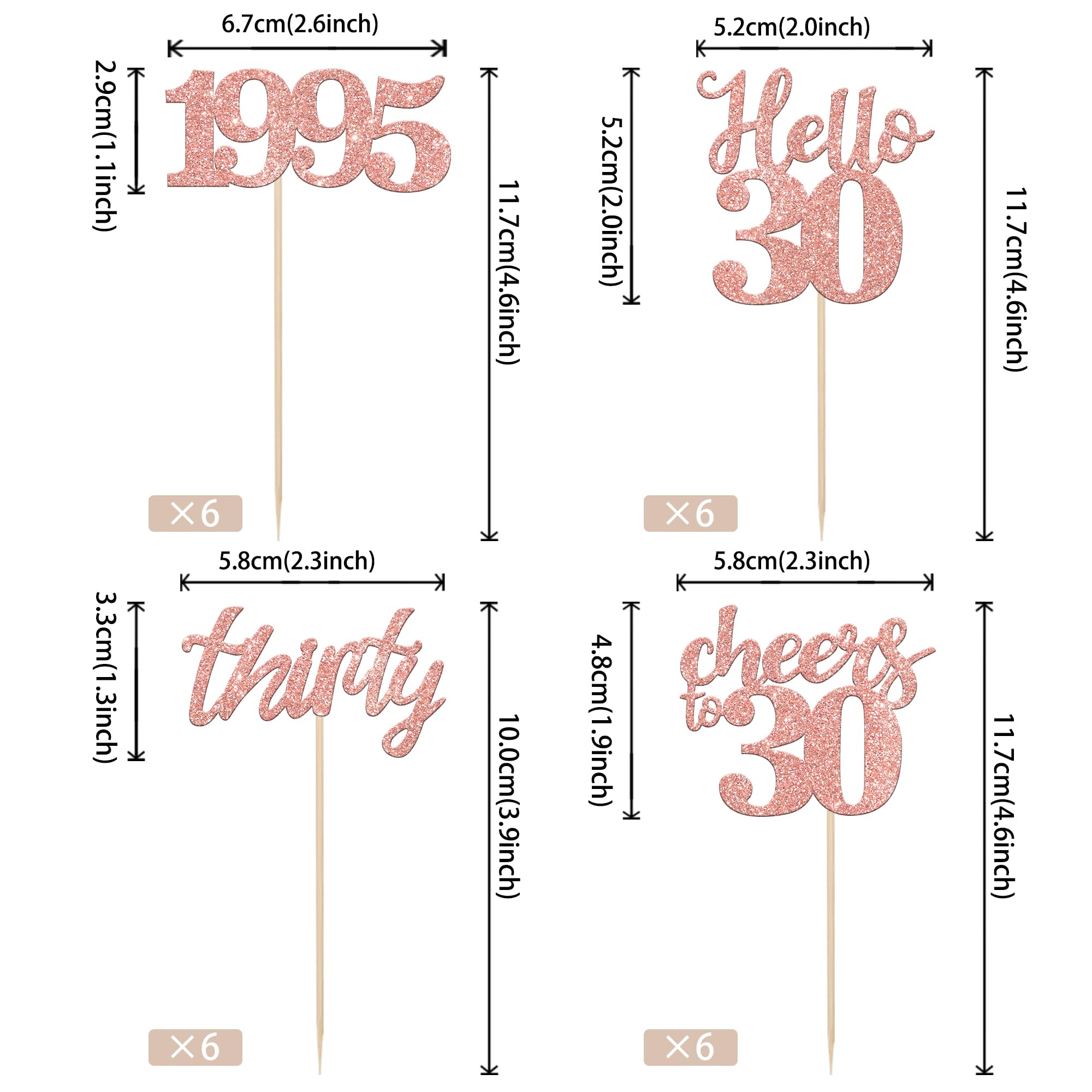 24 PCS 30th Birthday Cupcake Toppers - Glitter 