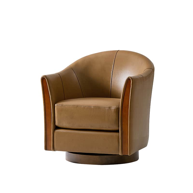 Clara Genuine Leather Swivel Barrel Chair with Solid Wood Base - Stylish Home Office & Living Room Accent Chair for Comfortable Seating