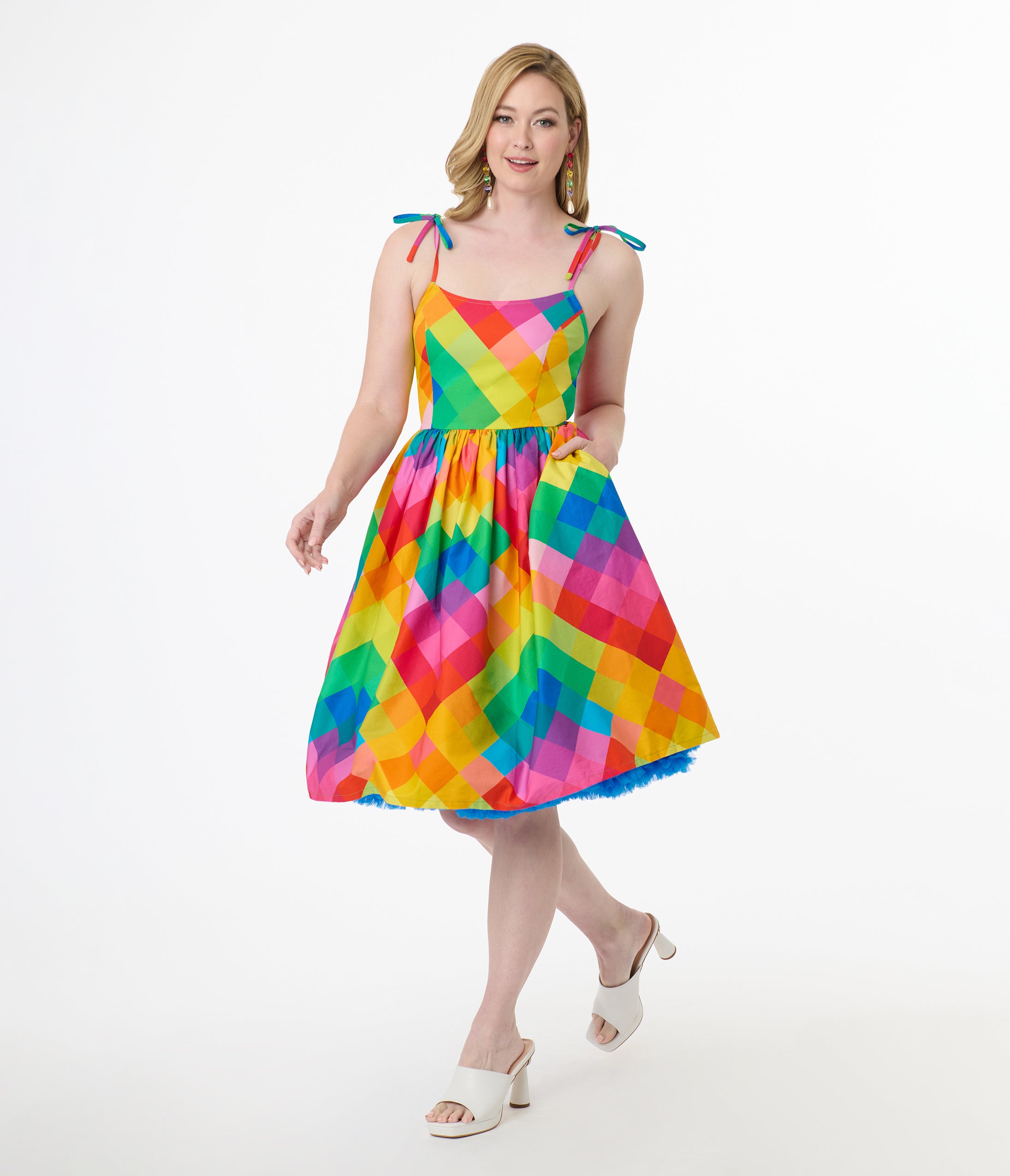 Vintage 1950s Rainbow Chevron Cotton Swing Dress - Retro 50s Style Bobbie Dress for Women | Perfect for Swing Dancing, Cocktail Parties & Vintage Themed Events