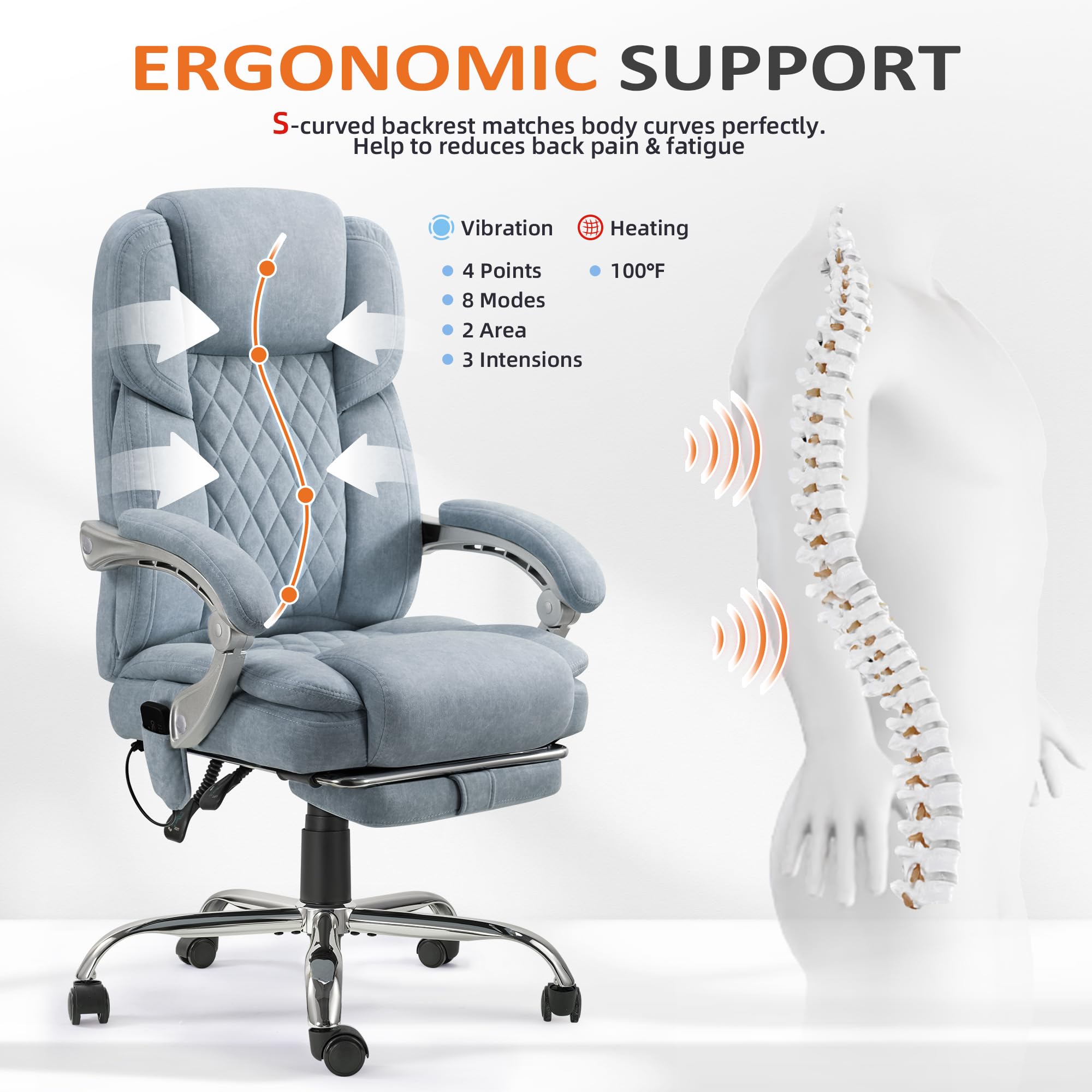 HOMREST 4-Point Massage Office Chair with Footrest - Heated Ergonomic Executive Desk Chair, Reclining Backrest & Padded Armrests - Velvet Computer Chair in Airy Blue - Perfect for Home Office, Gaming & Workspaces