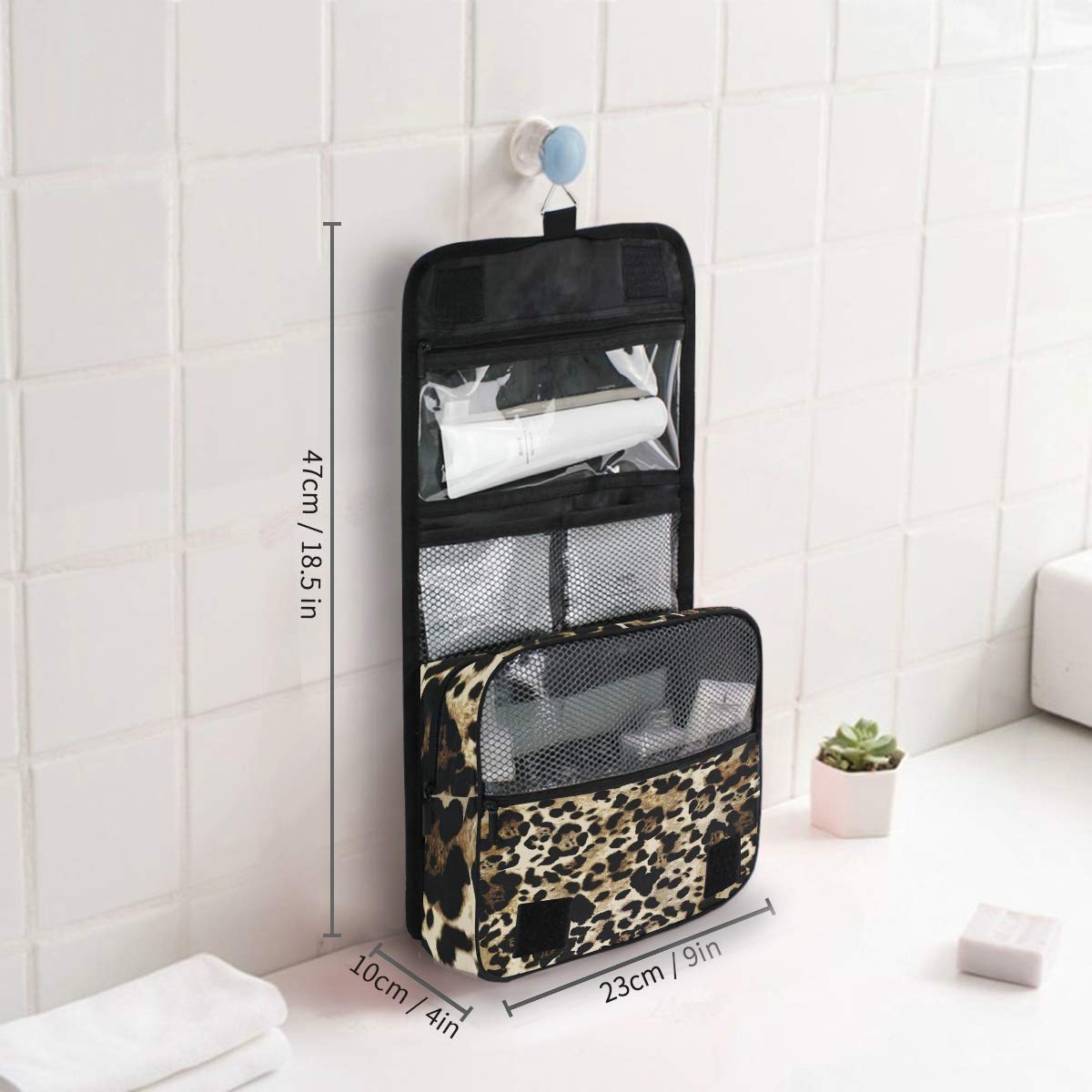 AUUXVA Leopard Print Travel Toiletry Bag - Hanging Cosmetic Organizer with Zipper Pockets for Women & Men | Portable Makeup Wash Bag for Vacation, Gym, Camping & Business Trips