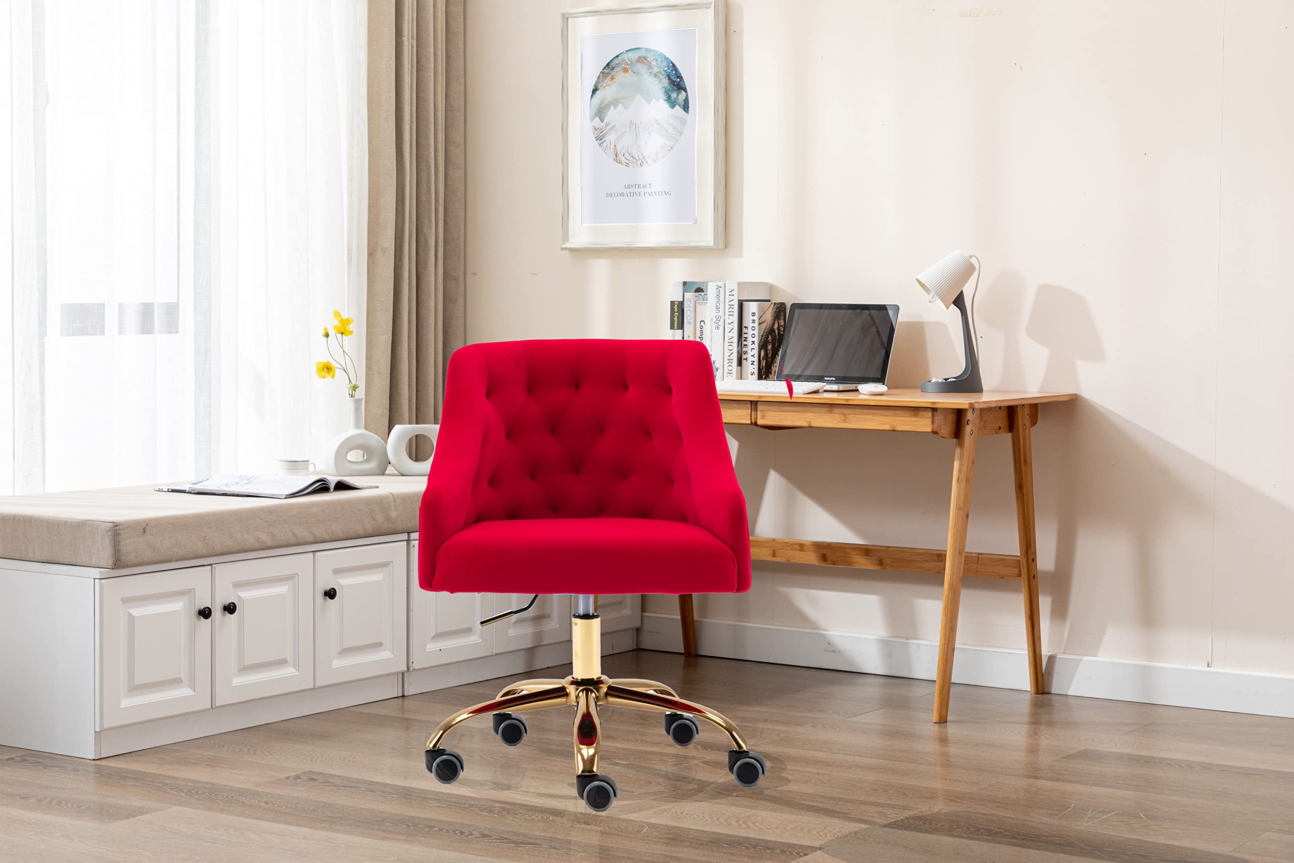 Ergonomic Velvet Swivel Office Chair - Adjustable Height Rolling Desk Chair for Home Office, Makeup Vanity, Living Room & Bedroom - Comfortable Task Chair with Wheels (Red) - Perfect for Remote Work, Gaming & Beauty Routines