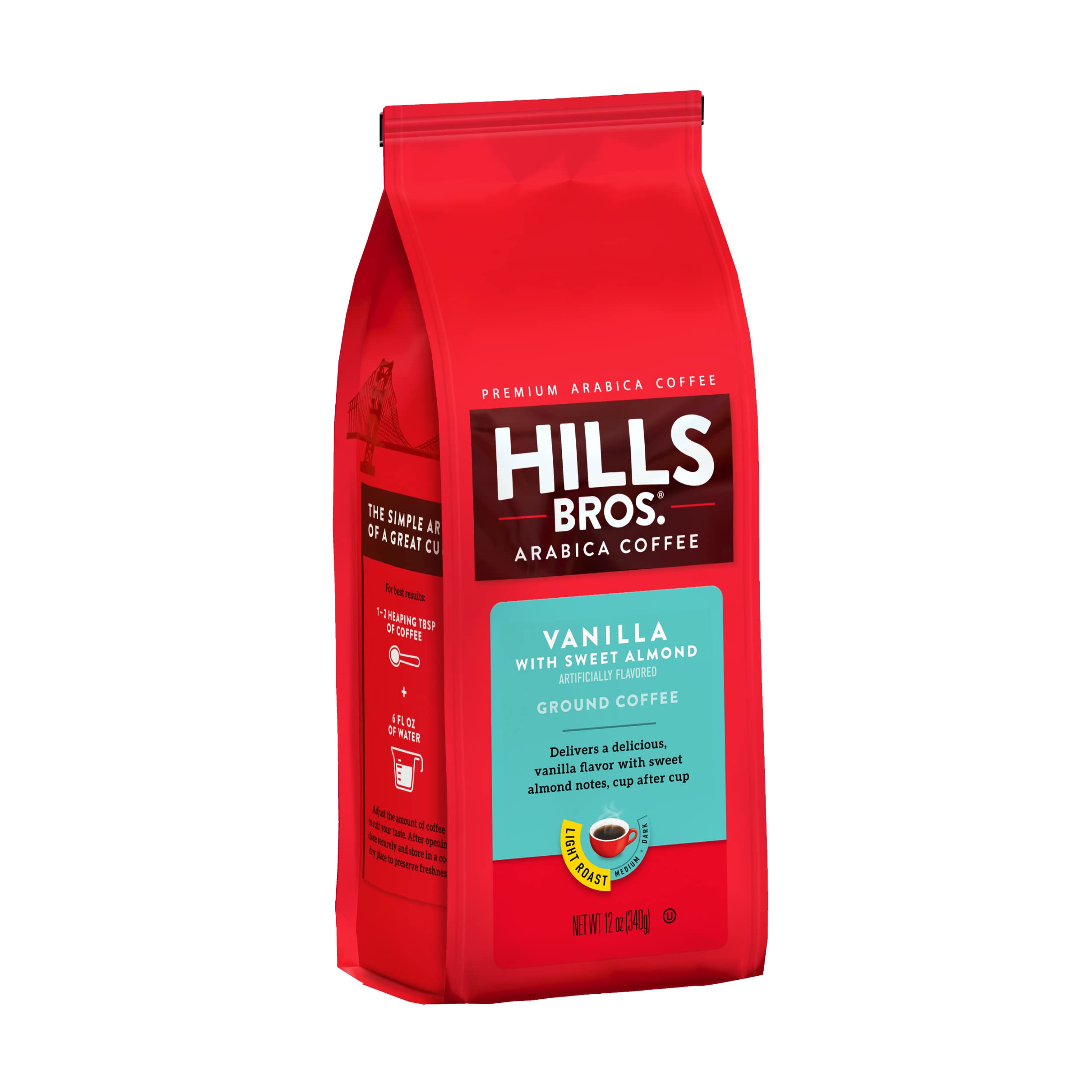 Hills Bros Vanilla Sweet Almond Flavored Ground Coffee - Light Roast Arabica Beans, 12 Oz Bag | Smooth, Full-Bodied Coffee for Breakfast, Office & Home Brewing